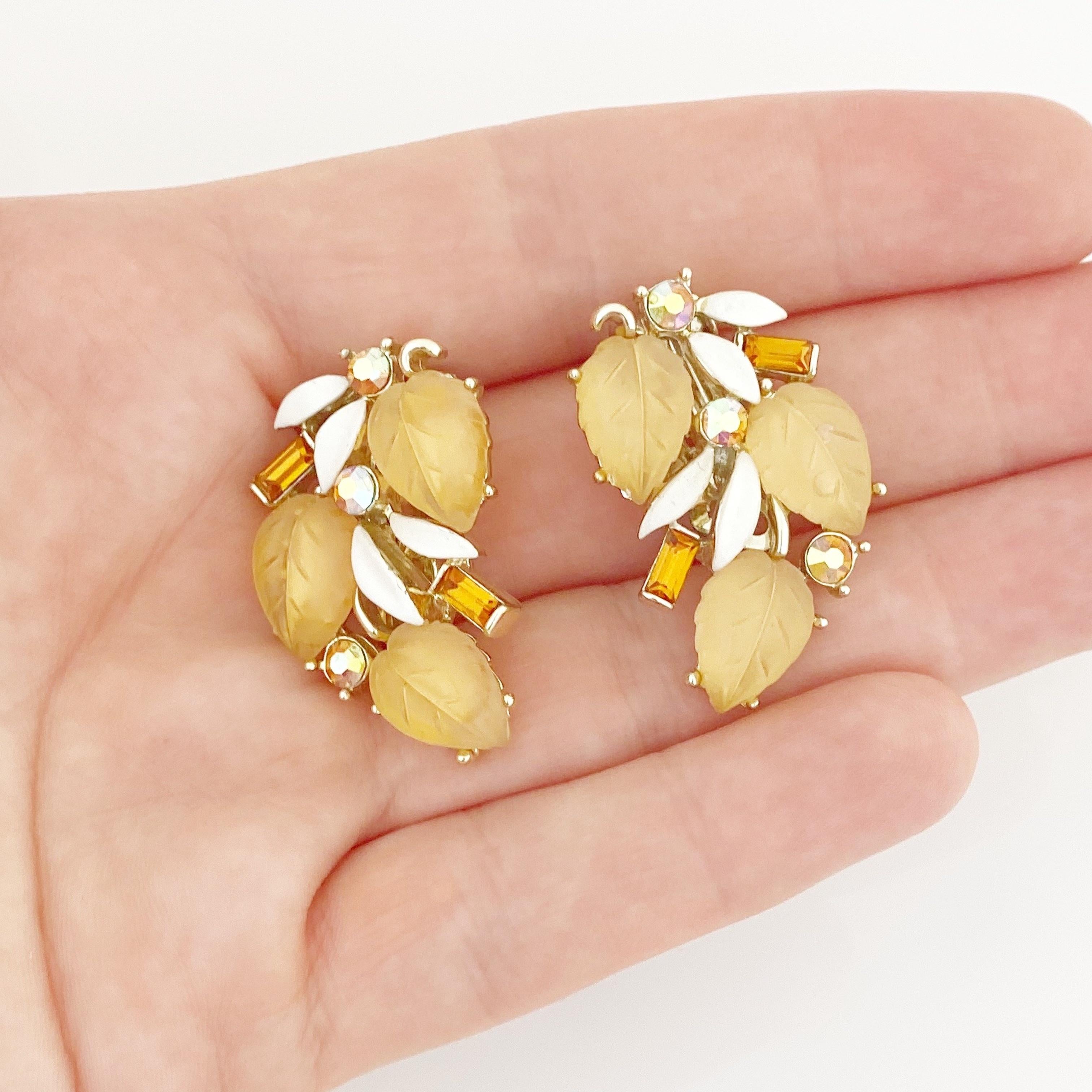 Women's Apple Juice Thermoset Leaf and Topaz Baguette Climber Earrings By Lisner, 1960s For Sale