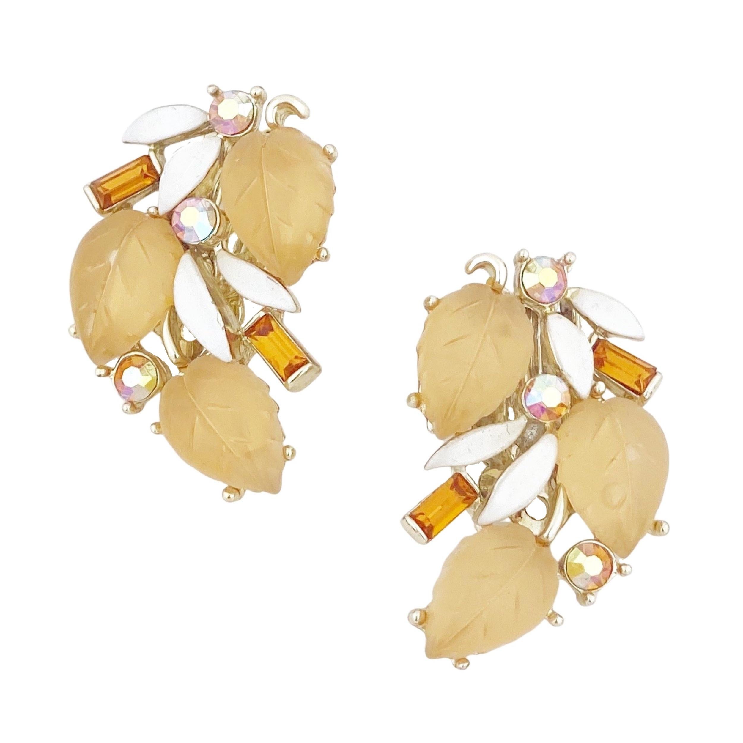 Apple Juice Thermoset Leaf and Topaz Baguette Climber Earrings By Lisner, 1960s For Sale