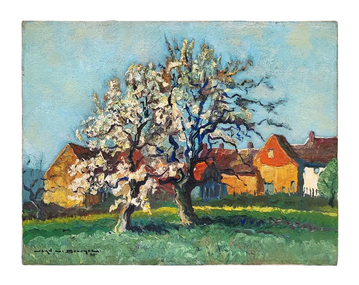 Öl auf Leinwand, gemalt 1951 von dem französischen Künstler Jean-Louis Bouchez (1905 -1983). Die Frühlingslandschaft zeigt einen blühenden Apfelbaum in schillernden Farben im Vordergrund und einen kleinen Weiler mit Häusern im Hintergrund. Gerahmt