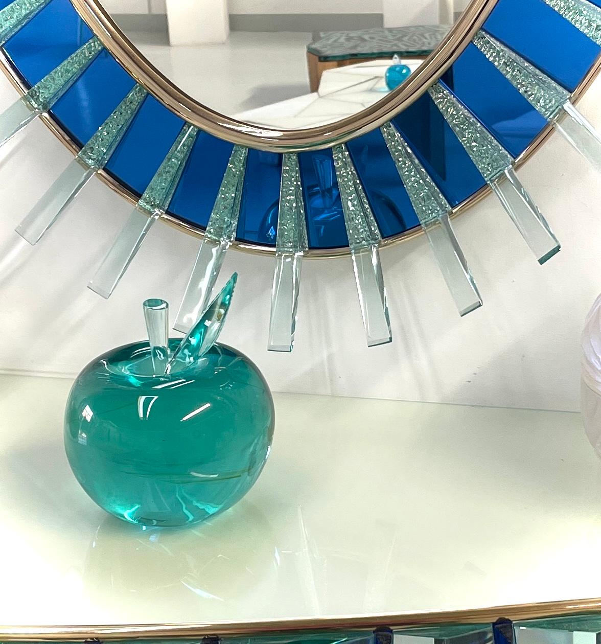 'Apple' Unique Sculpture in Handmade Aquamarine Crystal by Ghiró Studio For Sale 3