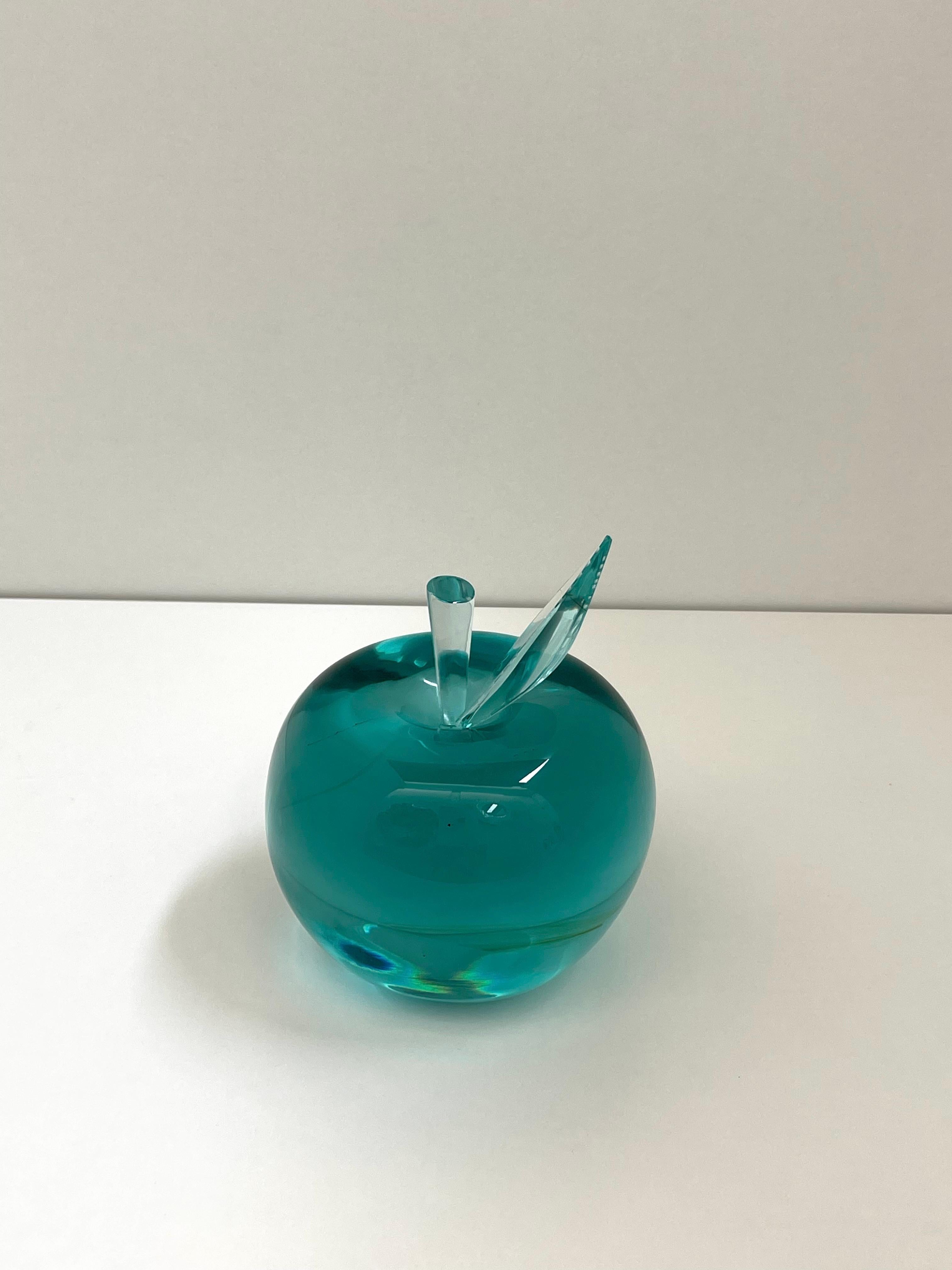 Italian 'Apple' Unique Sculpture in Handmade Aquamarine Crystal by Ghiró Studio For Sale