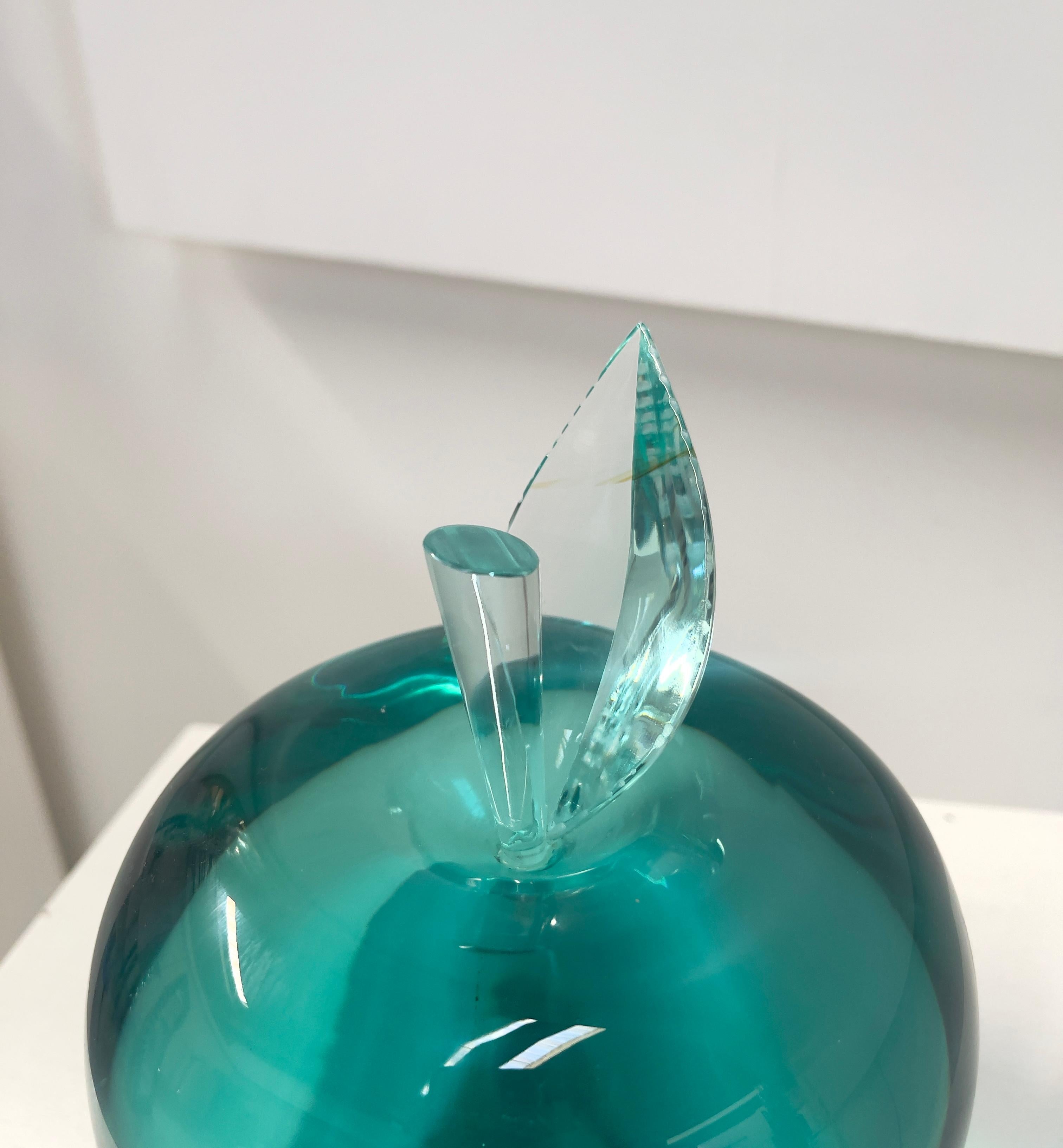 Glass 'Apple' Unique Sculpture in Handmade Aquamarine Crystal by Ghiró Studio For Sale
