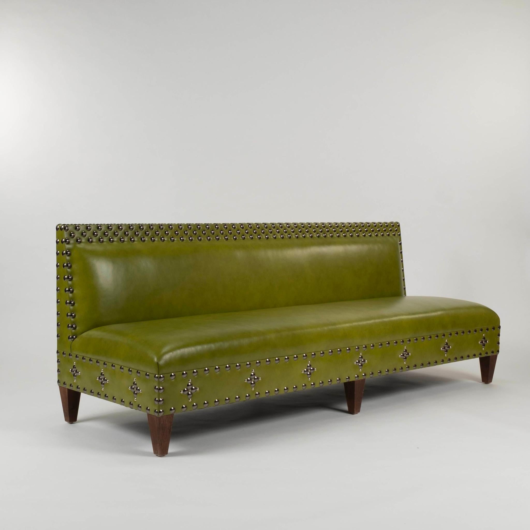 North American AppleGreen Leather Studded Banquette For Sale
