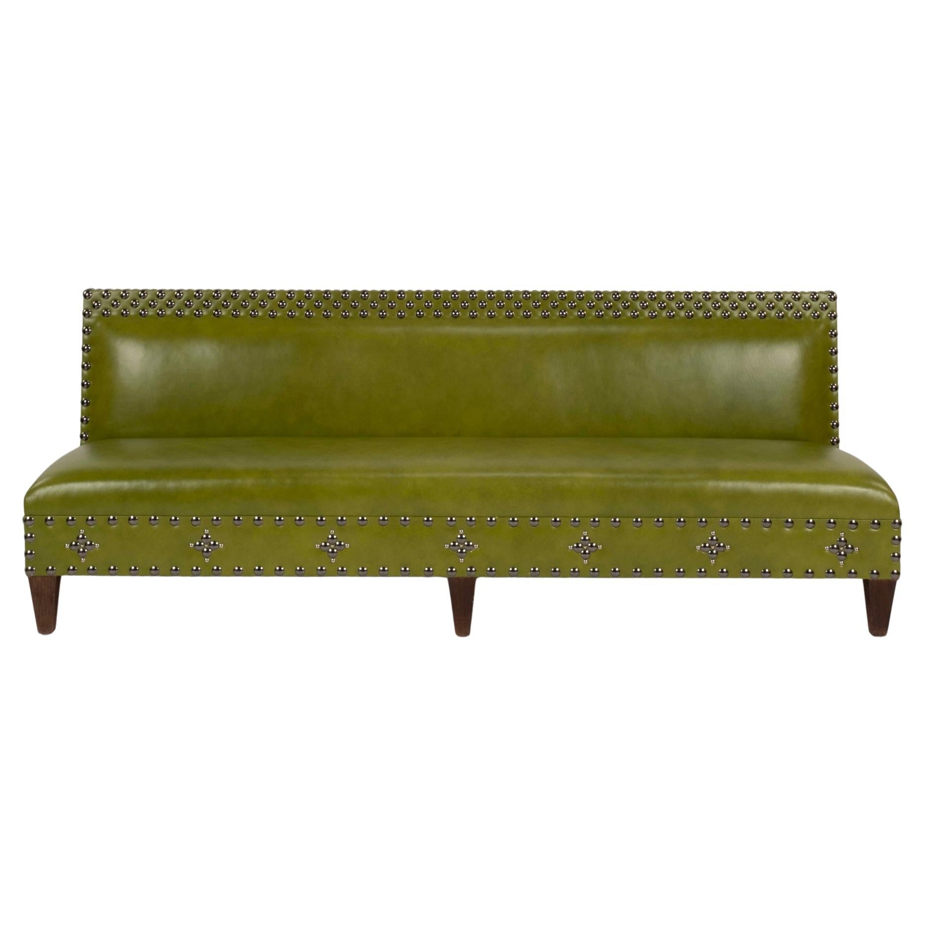 AppleGreen Leather Studded Banquette For Sale
