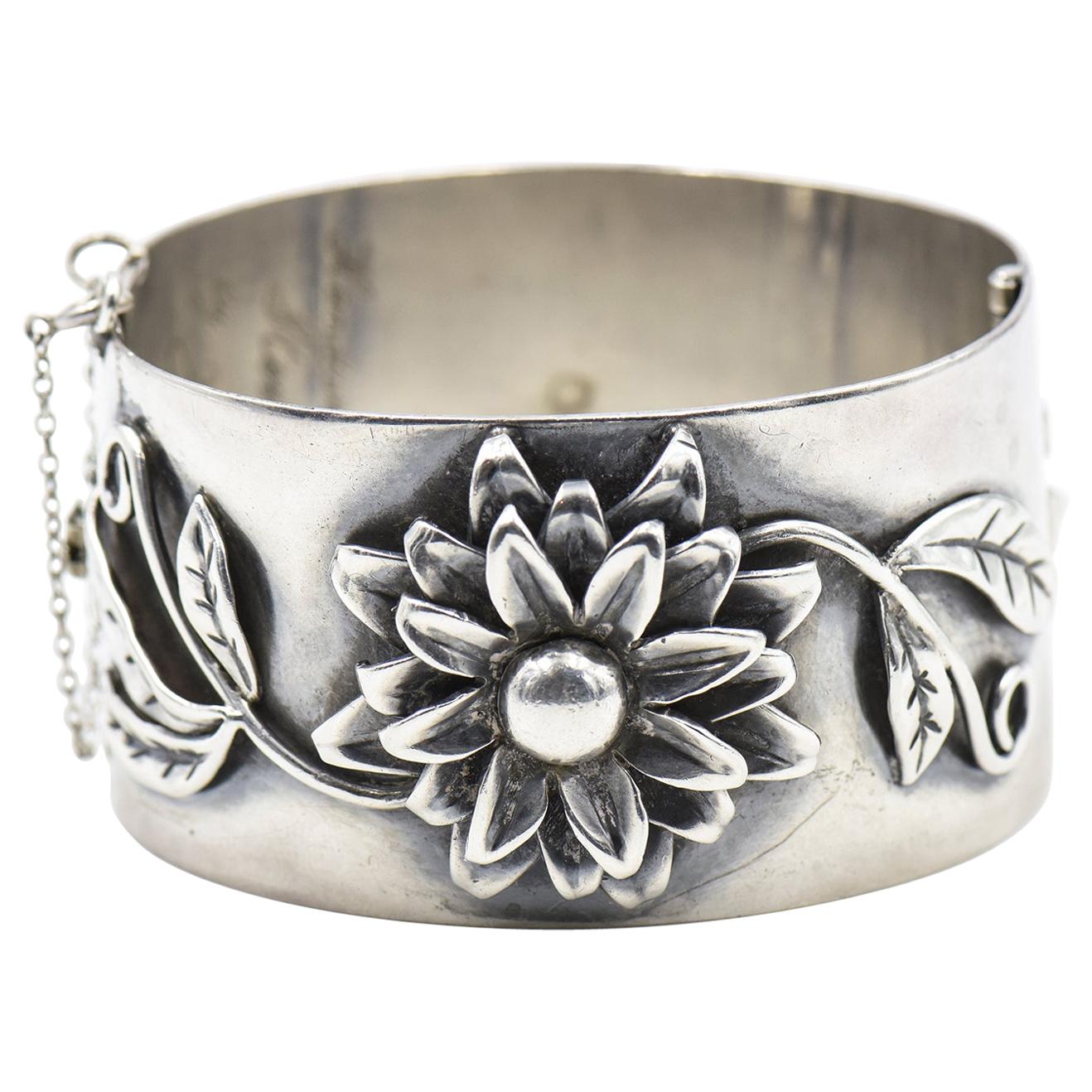 Applied Flower Floral Sterling Silver Bangle Bracelet by Heidi