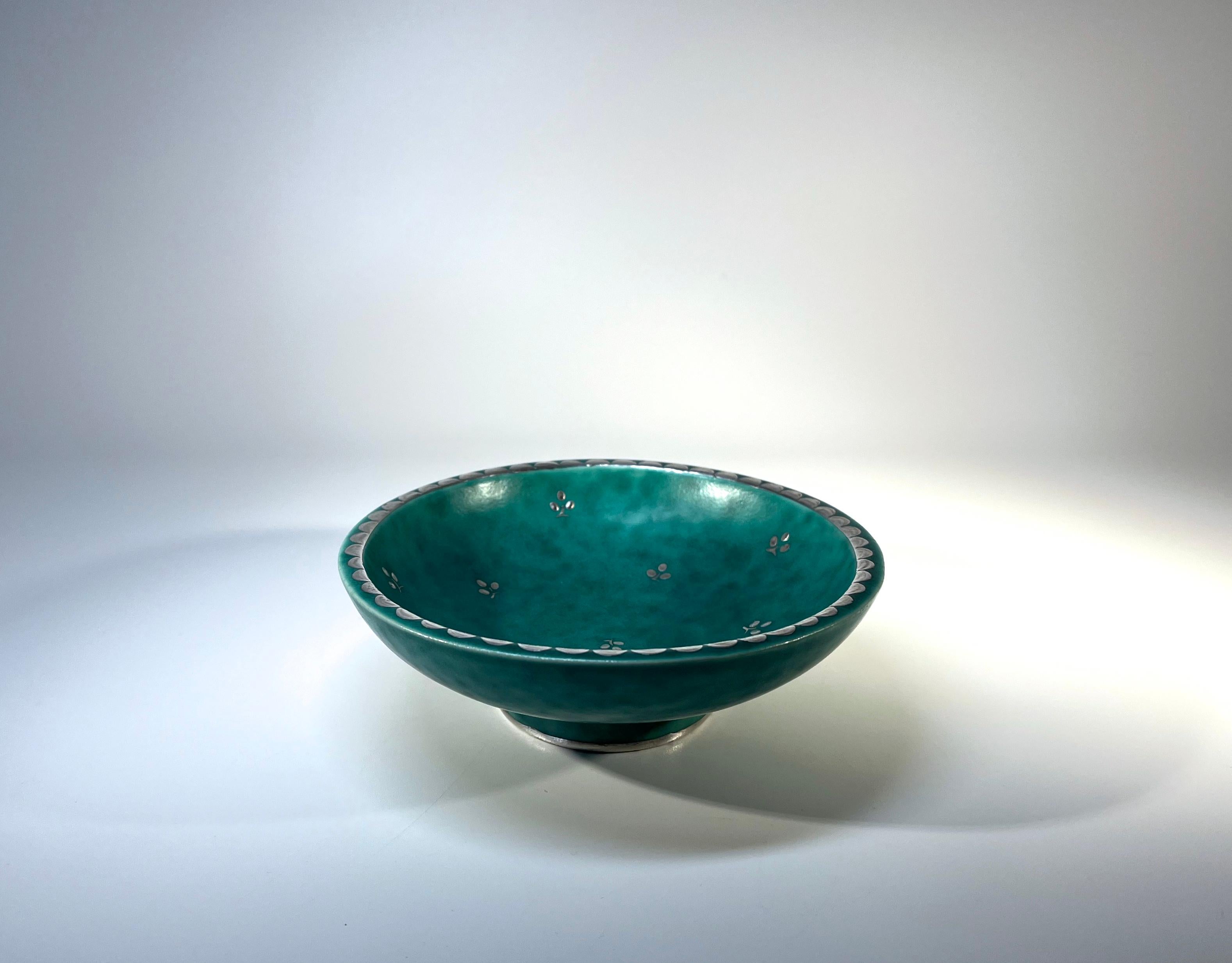 Glazed Applied Silver On Stoneware, Wilhelm Kage, Argenta, Gustavsberg Footed Dish For Sale