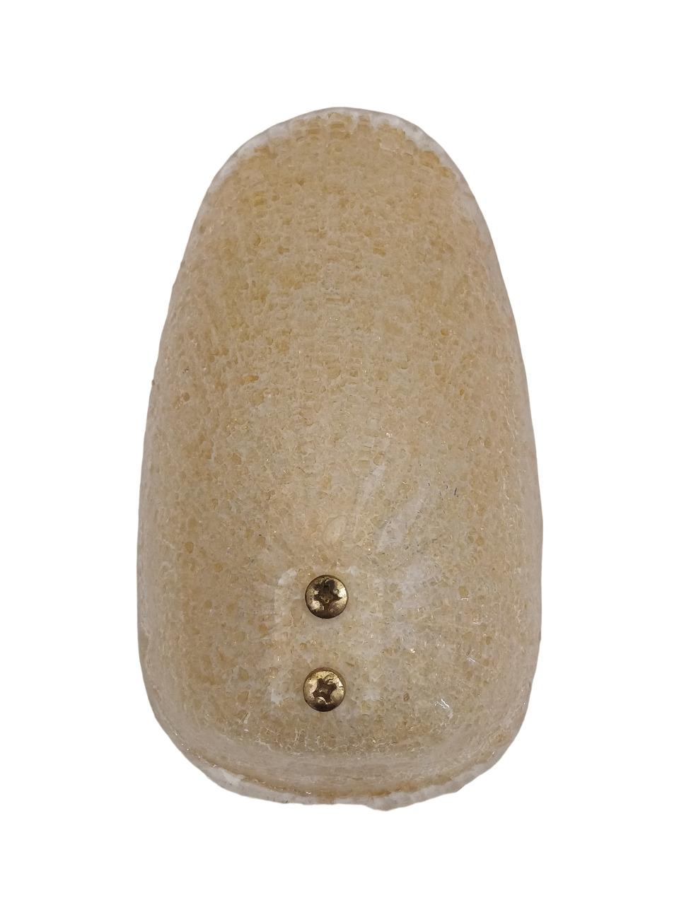 Vintage wall sconce from the 1960s, made by Mazzega, a historic Italian Murano glass manufacturer. The piece has an oval shape in honey-colored Murano glass, made with the artisanal technique of grit: small fragments of colored glass are fused