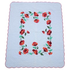 Courtepointe à appliques roses signée et datée 1989