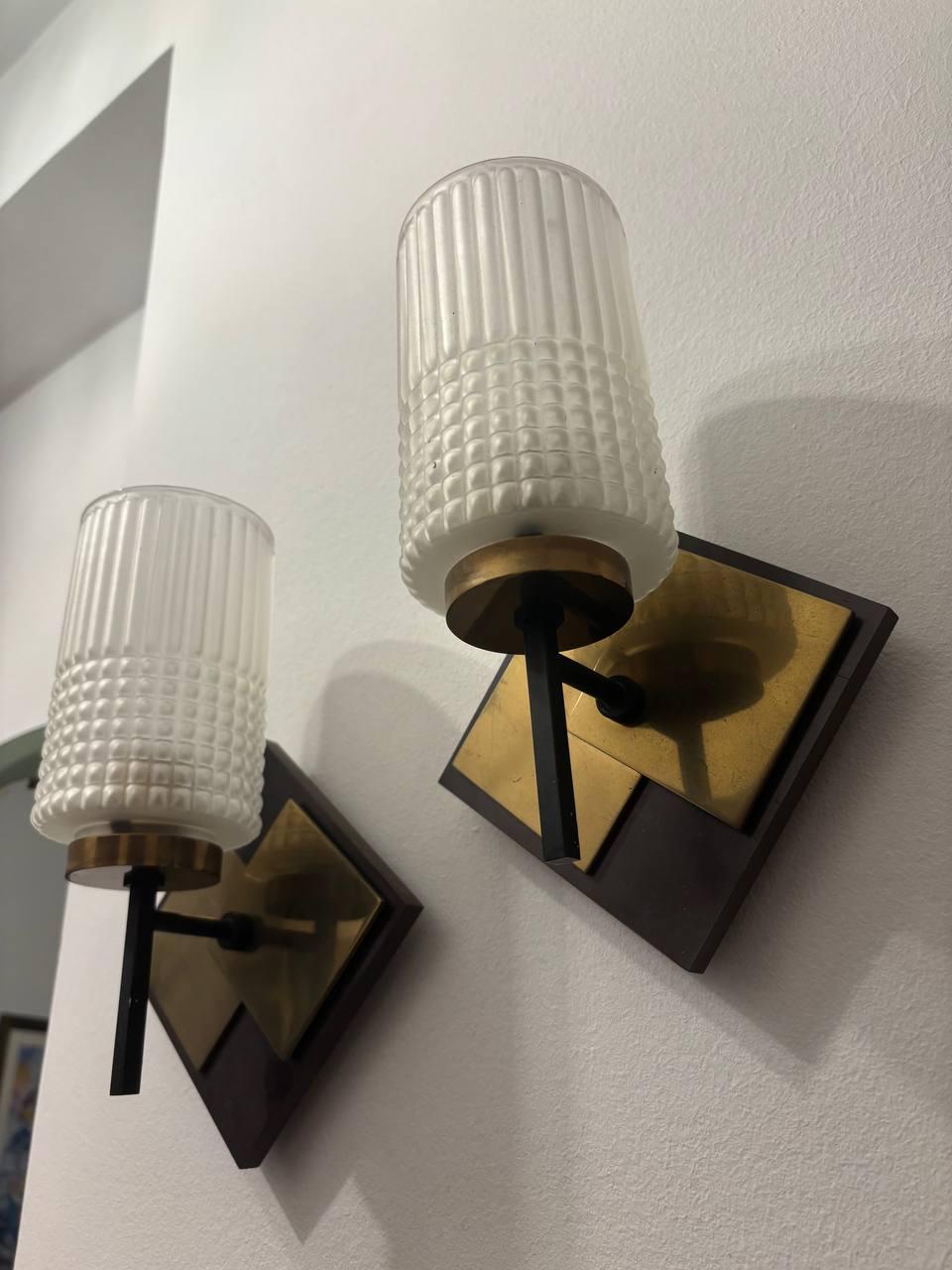 Mid-Century Modern Stilnovo wall sconce  brass  1970 cast iron glass. For Sale
