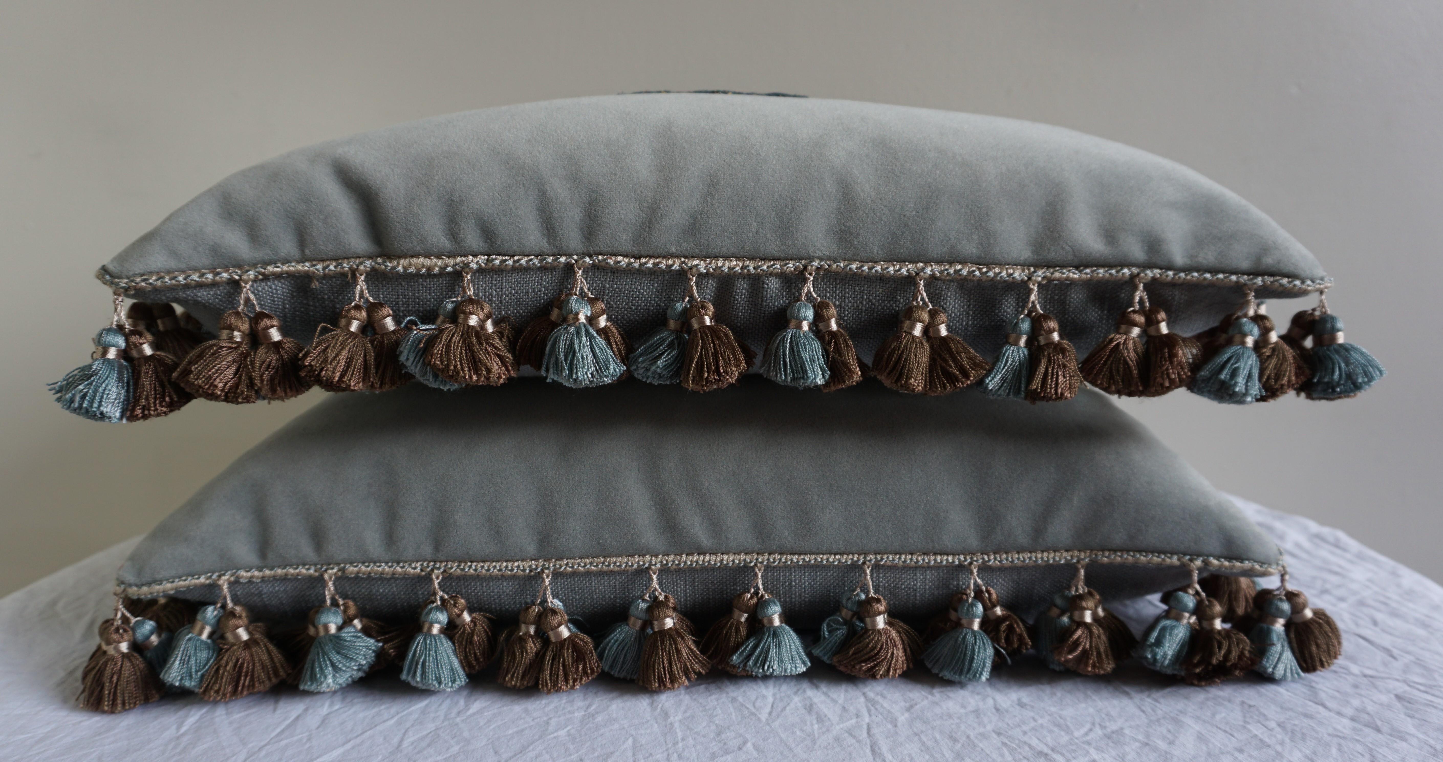 French Appliqué Velvet Pillows with Tassels by Melissa Levinson-a Pair