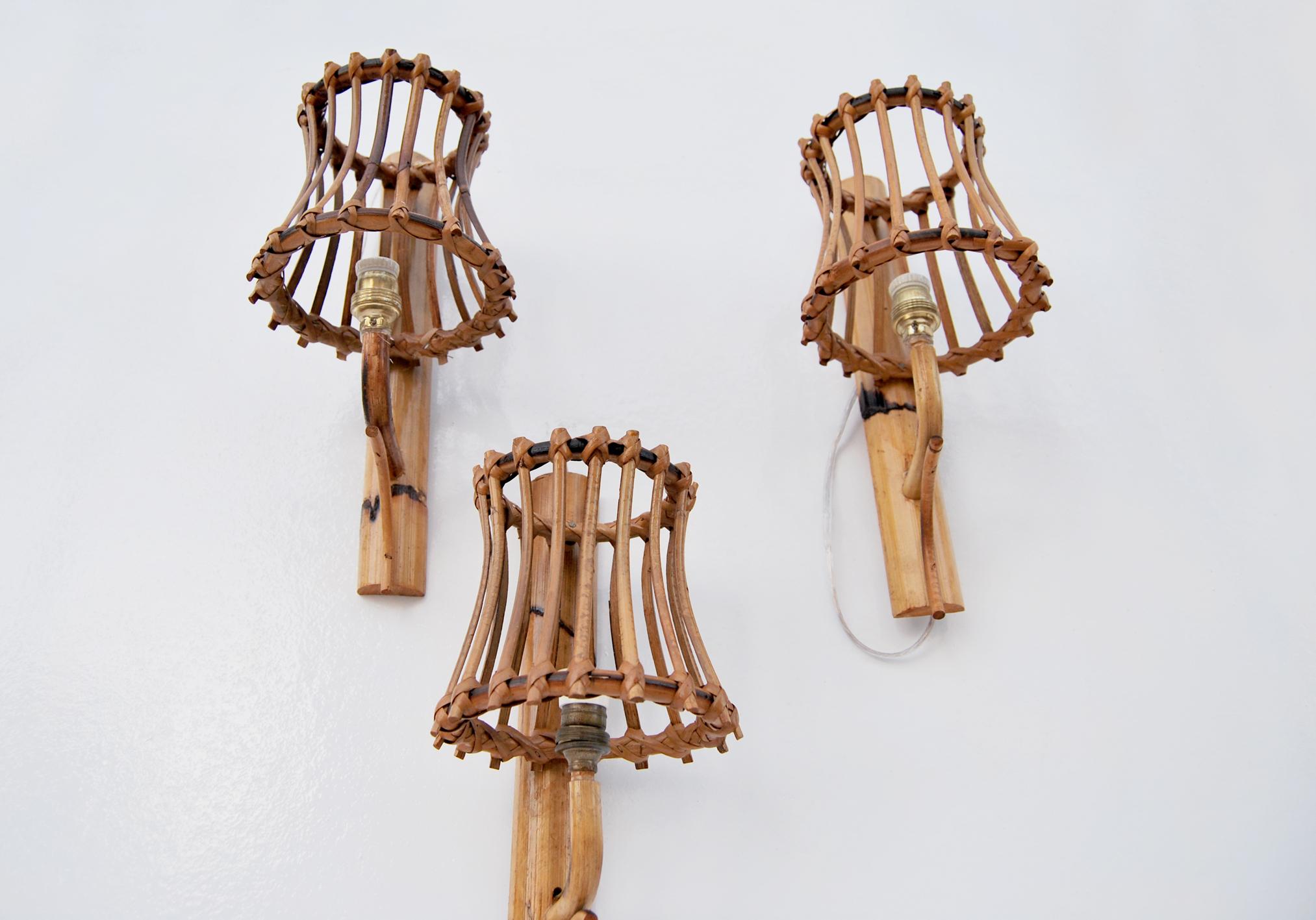 Mid-Century Modern Appliques in vimini e bambu' nello stile di Louis Sognot, Anni' 60  en vente