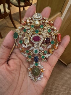 Appraised 14k Gold 58.5 carats Diamond Navratna Multi Precious Gemstone Pendant