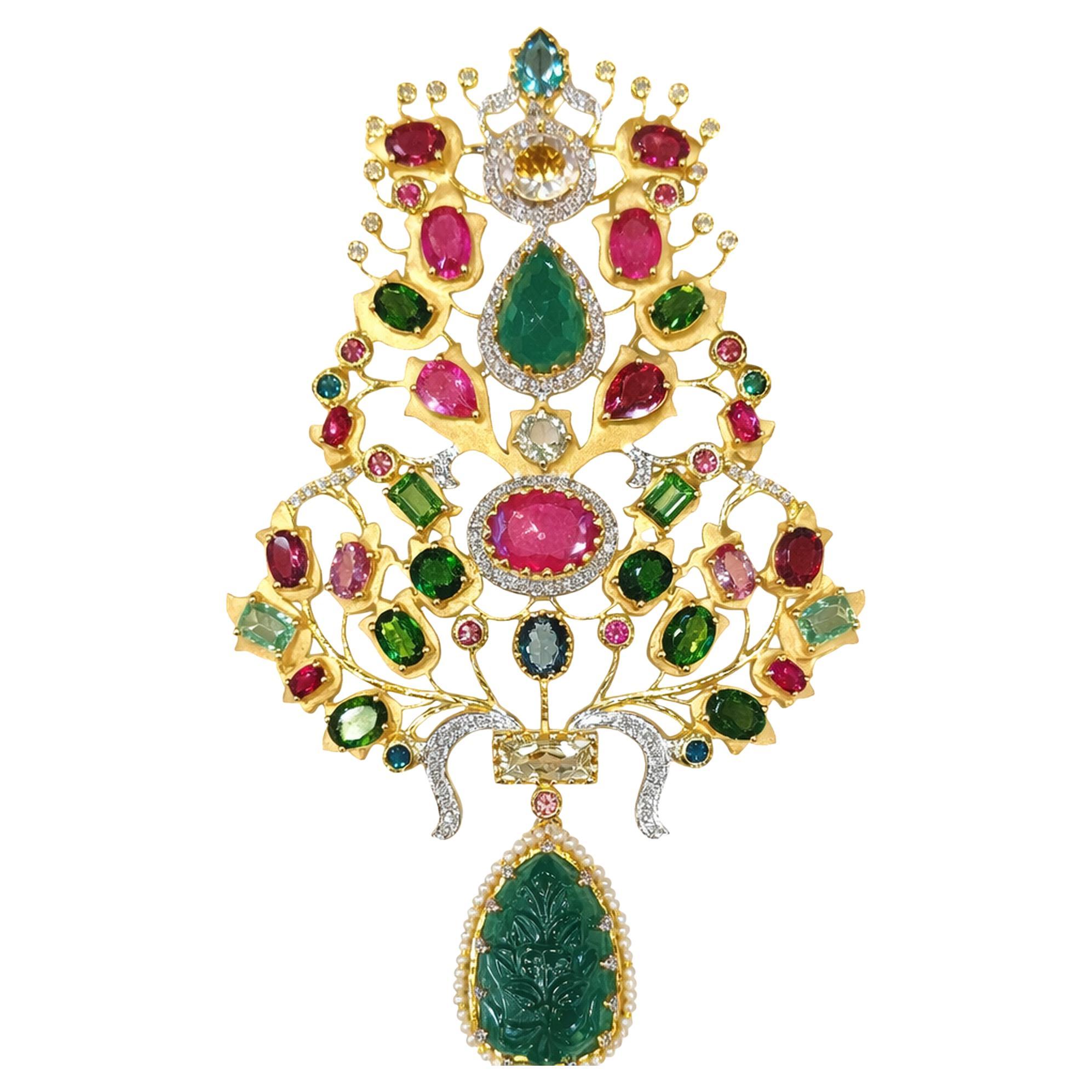 Appraised 18k Gold 55 carat Emerald Tourmaline Diamond Gold Pendant For Sale