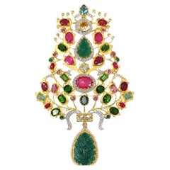 Appraised 18k Gold 55 carat Emerald Tourmaline Diamond Gold Pendant Appraised 18k Gold 55 carat Emerald Tourmaline Diamond Gold Pendant