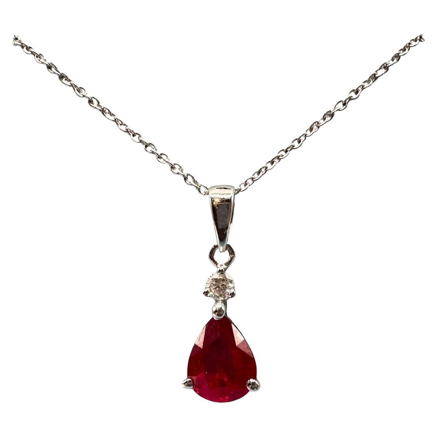 Appraised 18kt White Gold Ruby and Diamond Necklace - 1.22ctw Pear Ruby, New