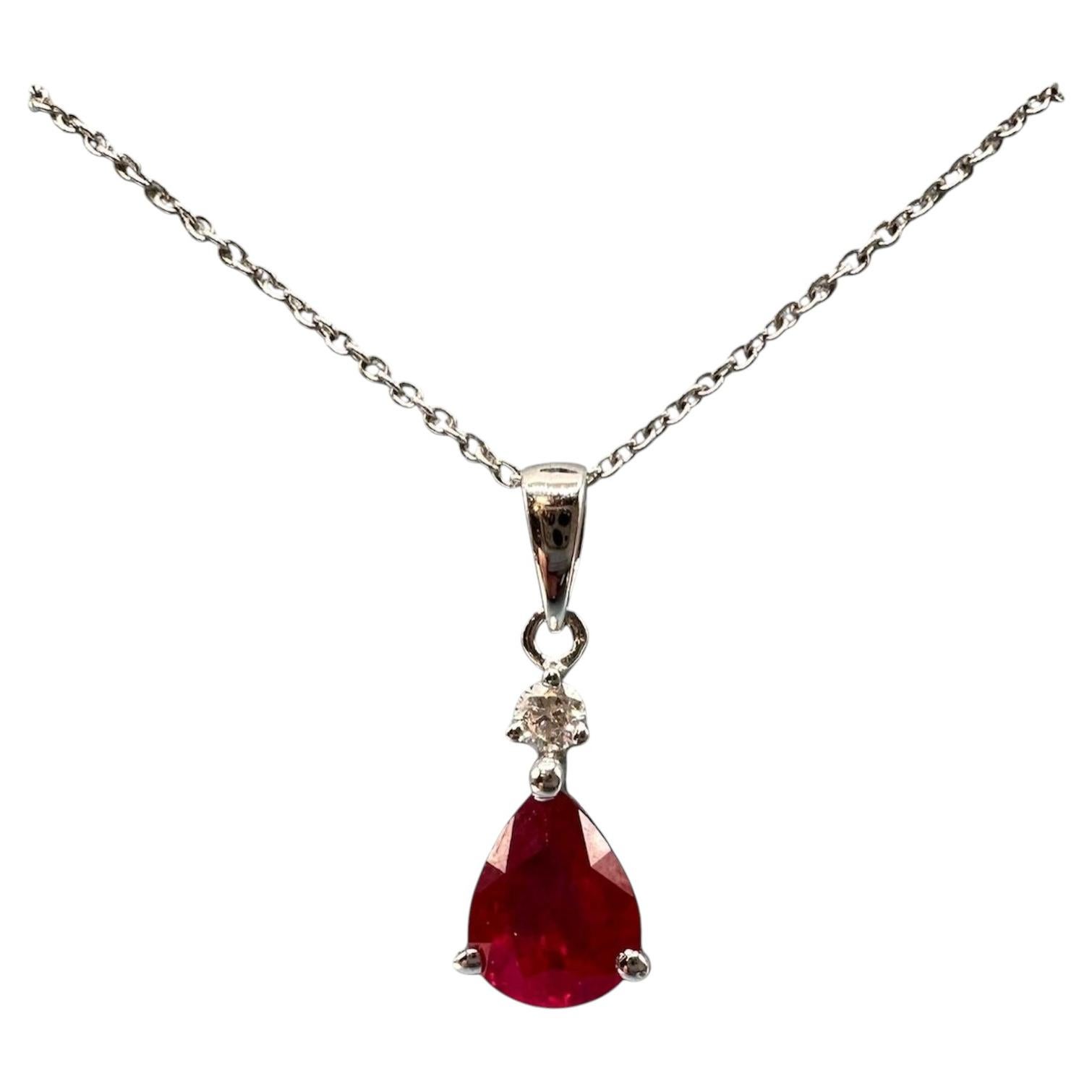 Appraised 18kt White Gold Ruby and Diamond Necklace - 1.22ctw Pear Ruby, New For Sale