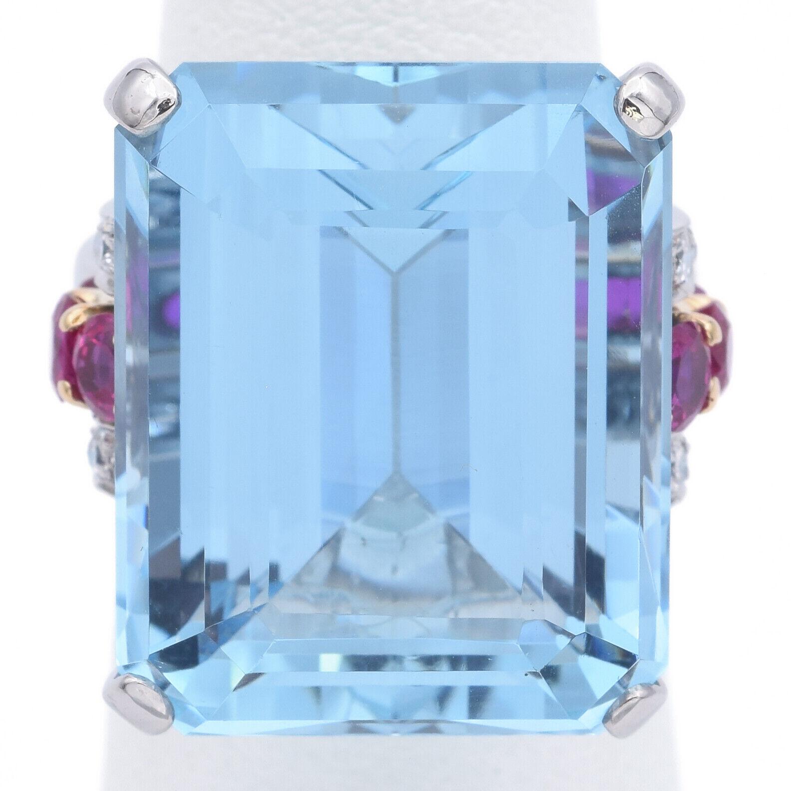 Emerald Cut Appraised 30 TCW Aquamarine, Ruby & 0.40 TCW Diamond Platinum Ring +Box For Sale