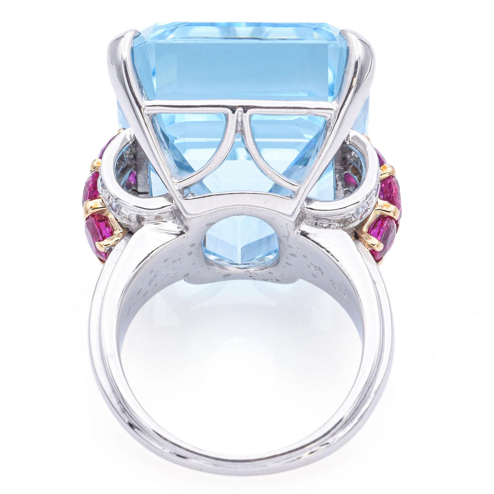 Women's Appraised 30 TCW Aquamarine, Ruby & 0.40 TCW Diamond Platinum Ring +Box For Sale