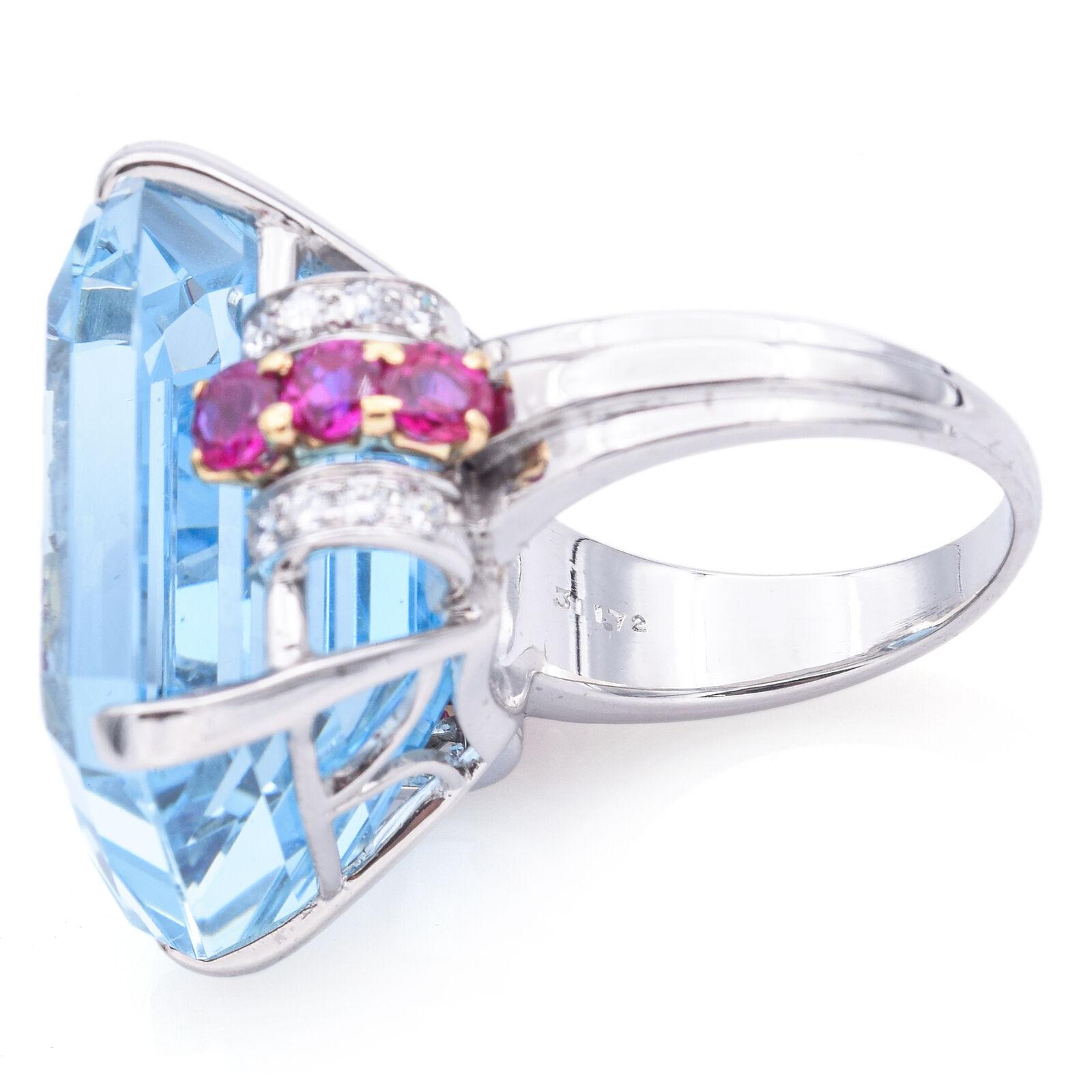 Expertisé 30 TCW Aquamarine, Ruby & 0.40 TCW Diamond Platinum Ring +Box en vente 1