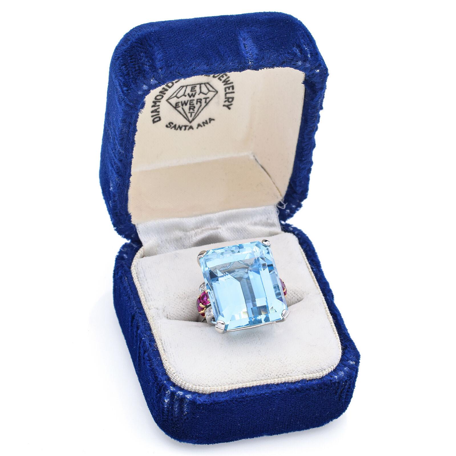 Appraised 30 TCW Aquamarine, Ruby & 0.40 TCW Diamond Platinum Ring +Box For Sale 2