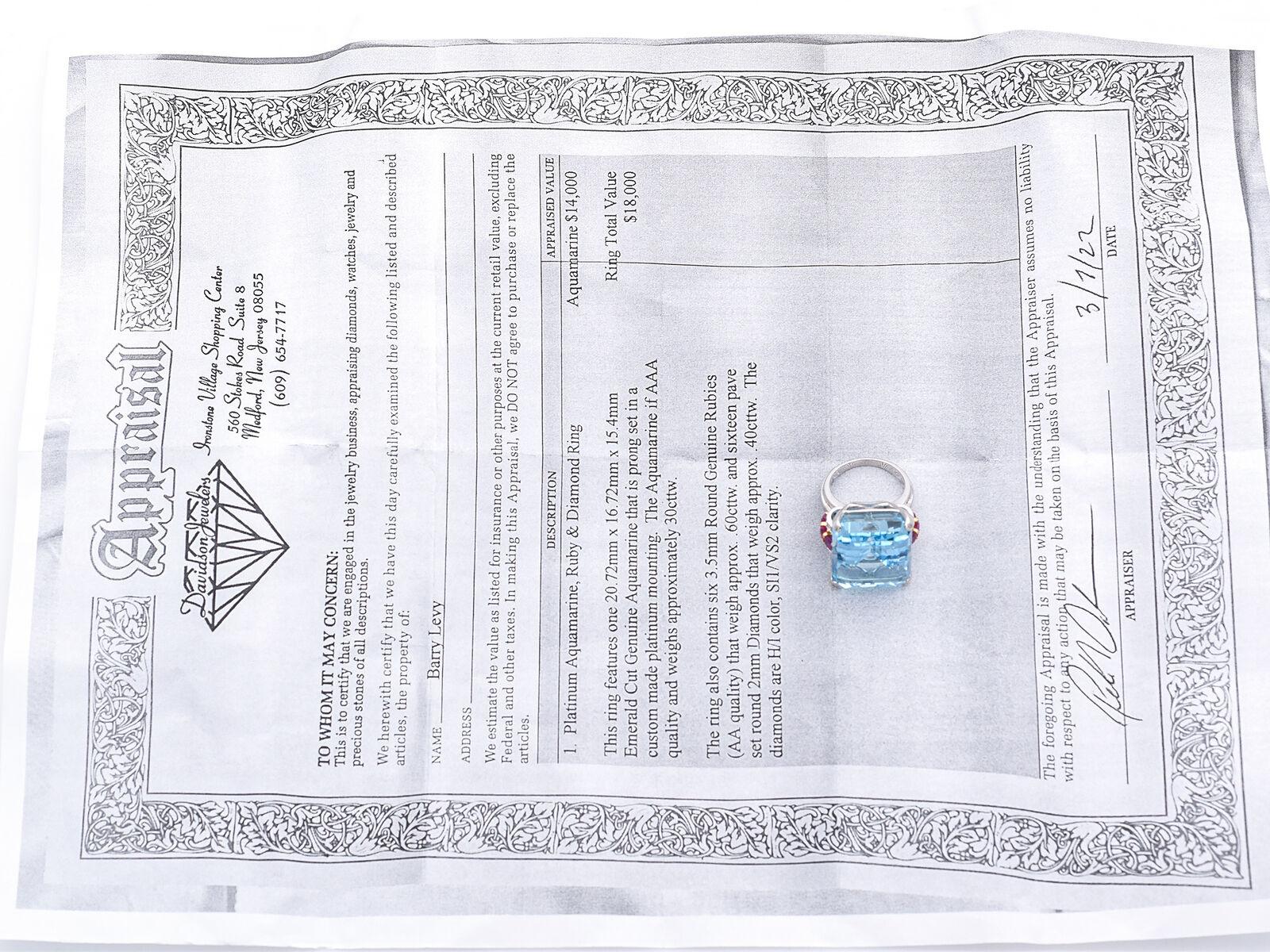 Expertisé 30 TCW Aquamarine, Ruby & 0.40 TCW Diamond Platinum Ring +Box en vente 3