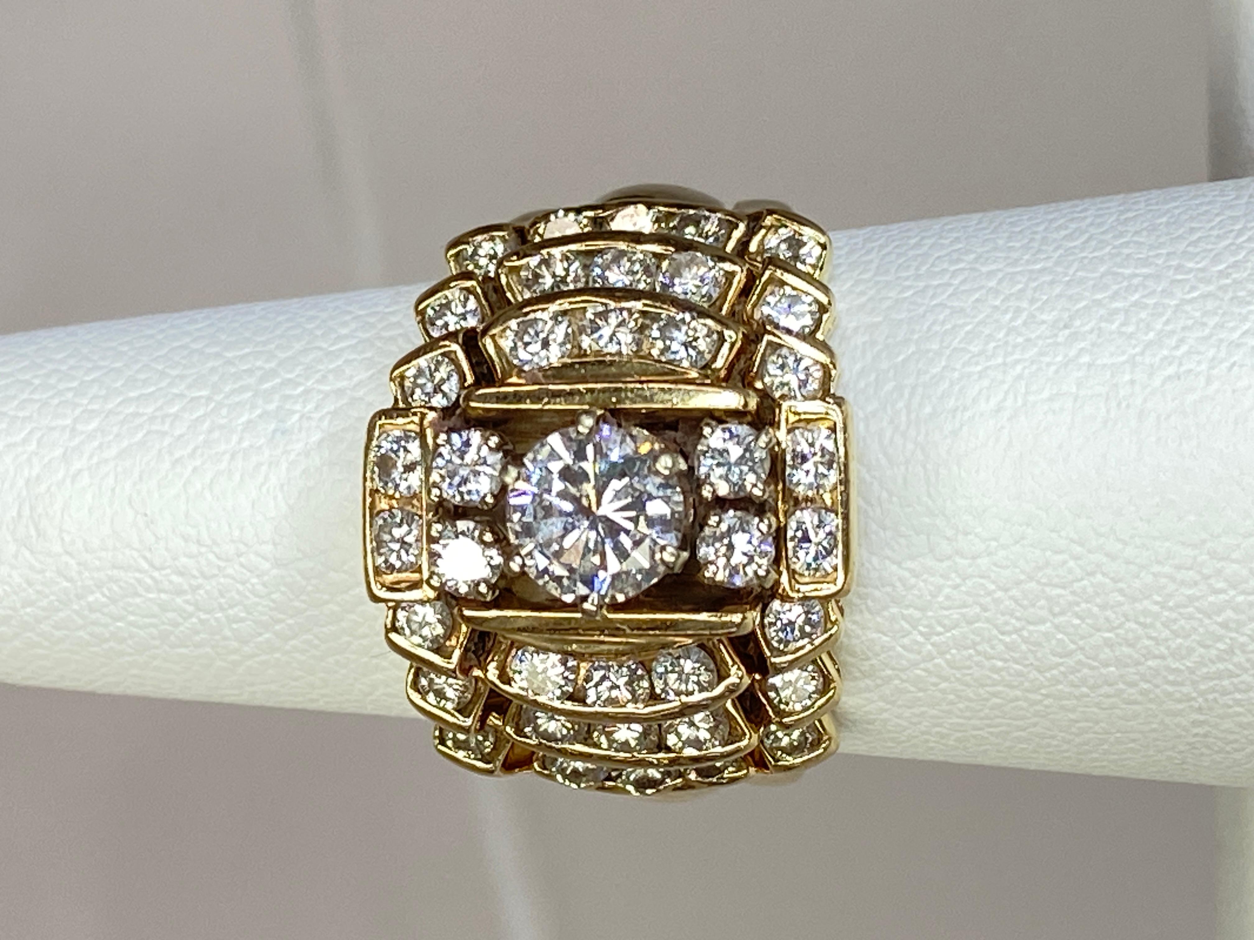 Vintage 14K Yellow Gold Wide Massive 2 Carat Natural Diamond 5 Row Ring 5