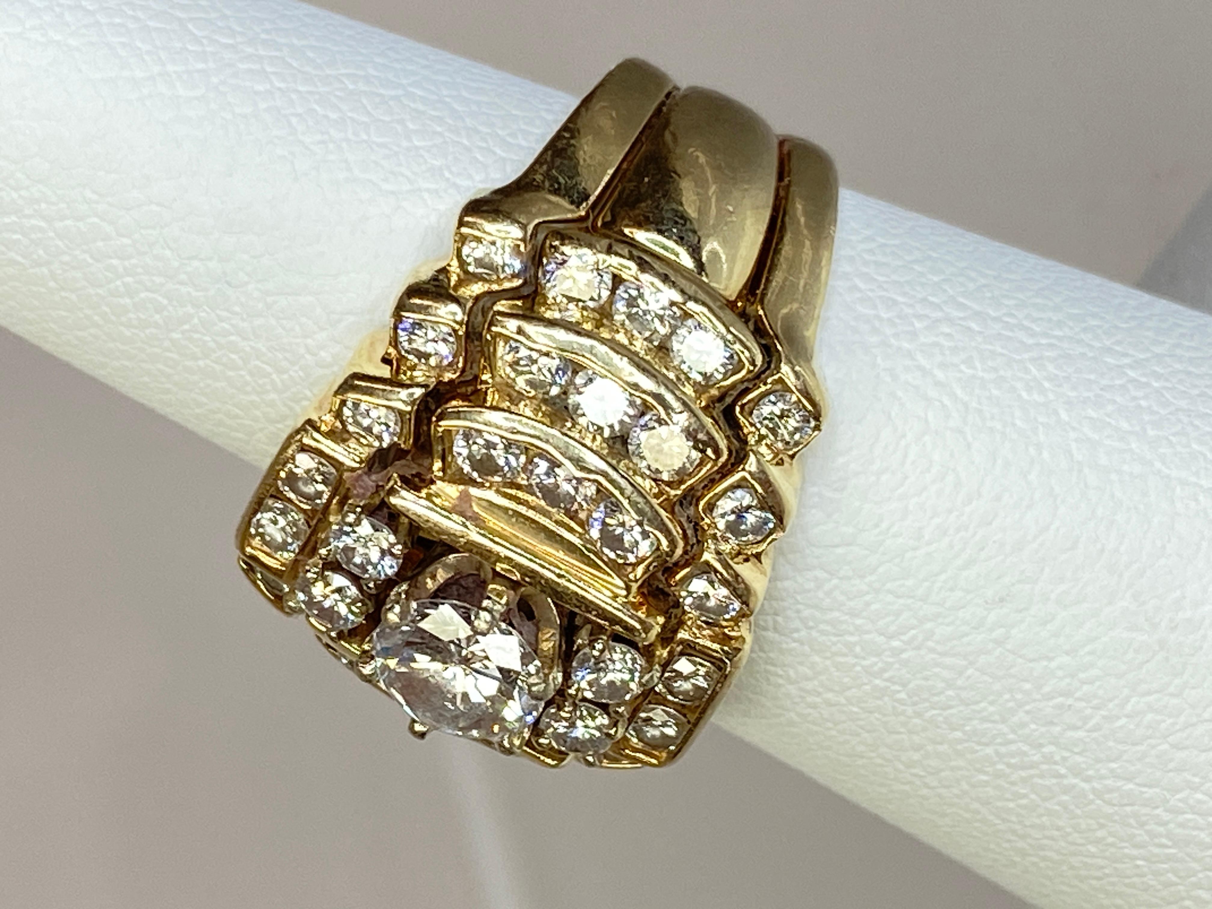 Vintage 14K Yellow Gold Wide Massive 2 Carat Natural Diamond 5 Row Ring 6