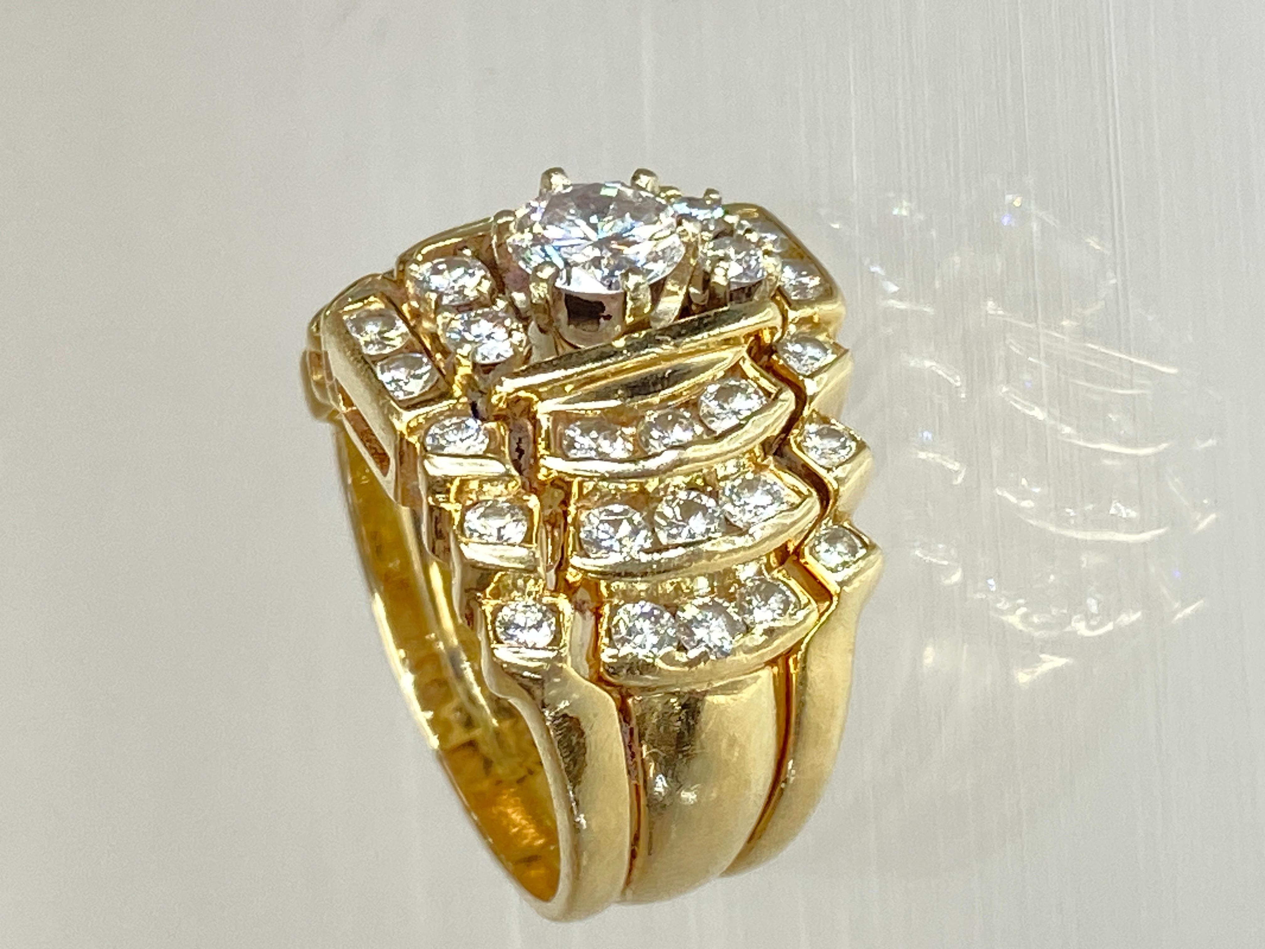 Brilliant Cut Vintage 14K Yellow Gold Wide Massive 2 Carat Natural Diamond 5 Row Ring
