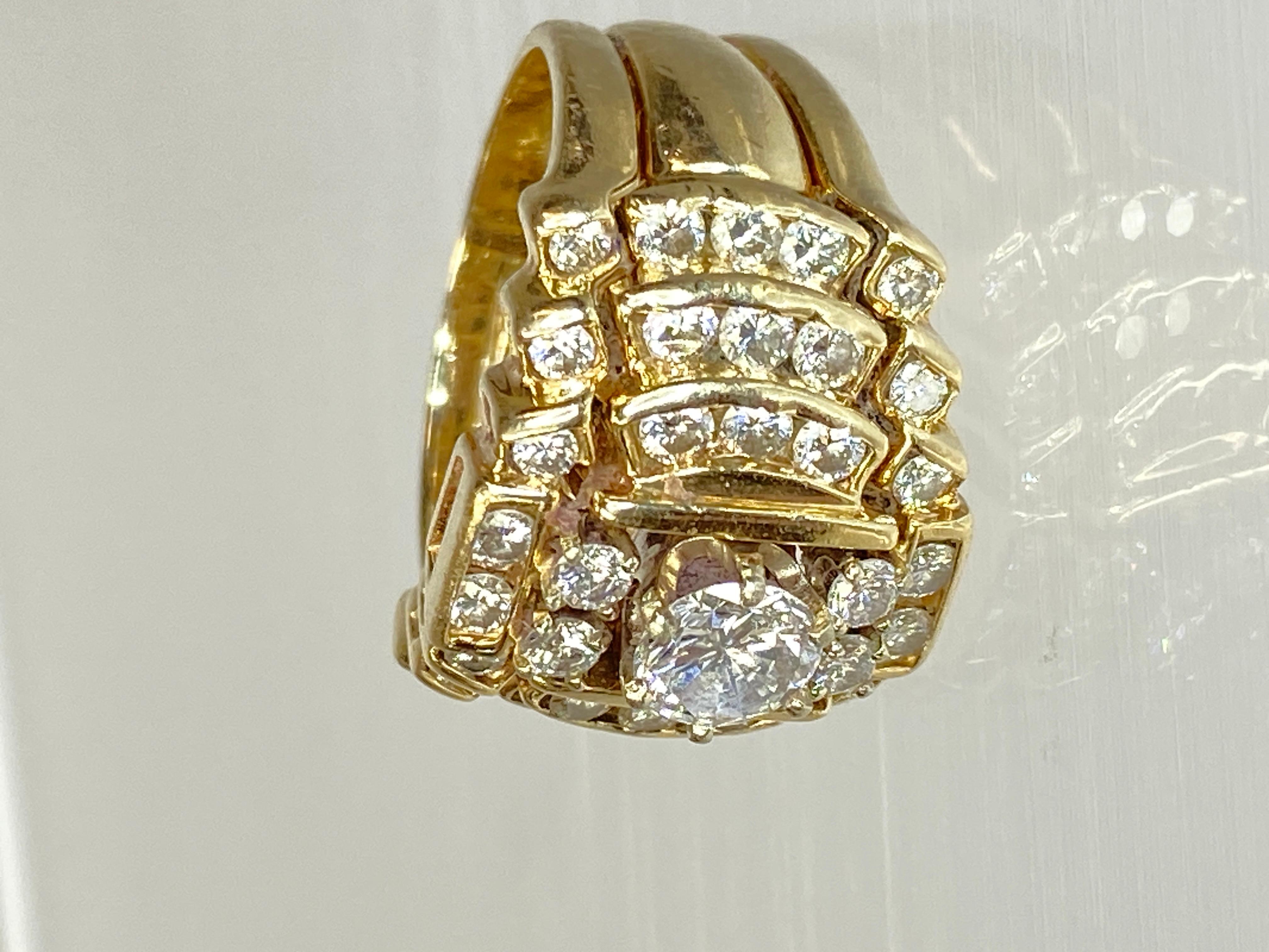 Vintage 14K Yellow Gold Wide Massive 2 Carat Natural Diamond 5 Row Ring 1