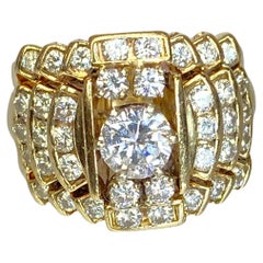 Vintage 14K Yellow Gold Wide Massive 2 Carat Natural Diamond 5 Row Ring