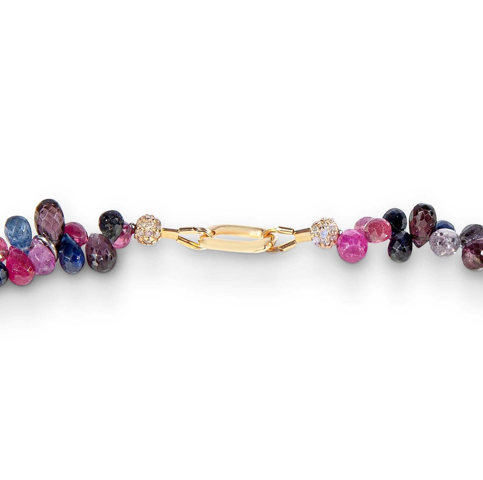 Bead Approx. 170 carat multi color sapphire briolet necklace with 14K gold closure For Sale