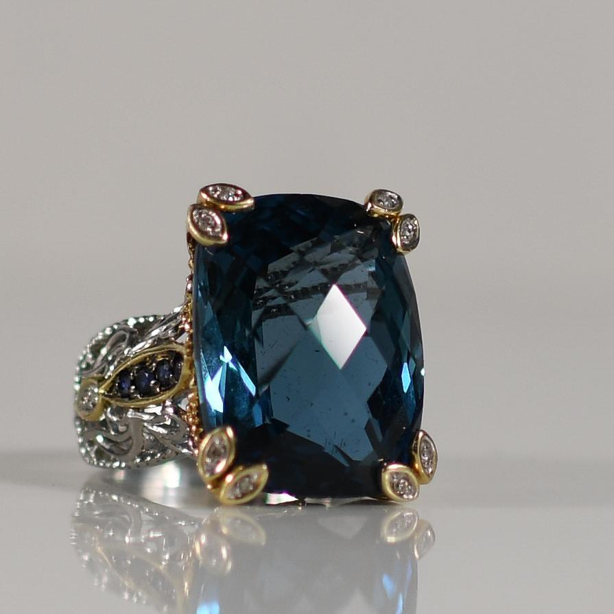 Approx. 40 Carat Blue Topaz Statement Ring with Sapphire and Diamond accents In Good Condition In Addison, TX