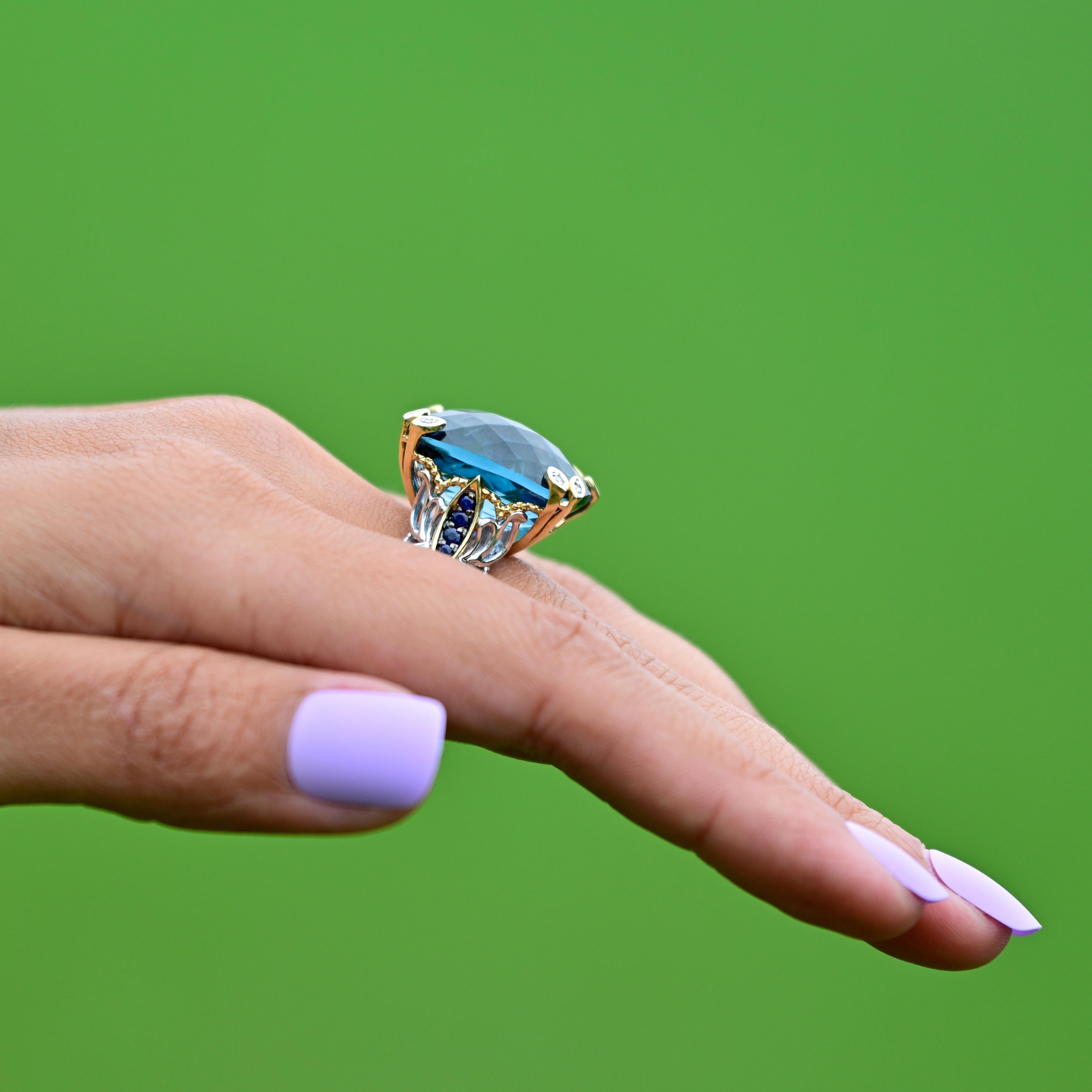 Women's Approx. 40 Carat Blue Topaz Statement Ring with Sapphire and Diamond accents
