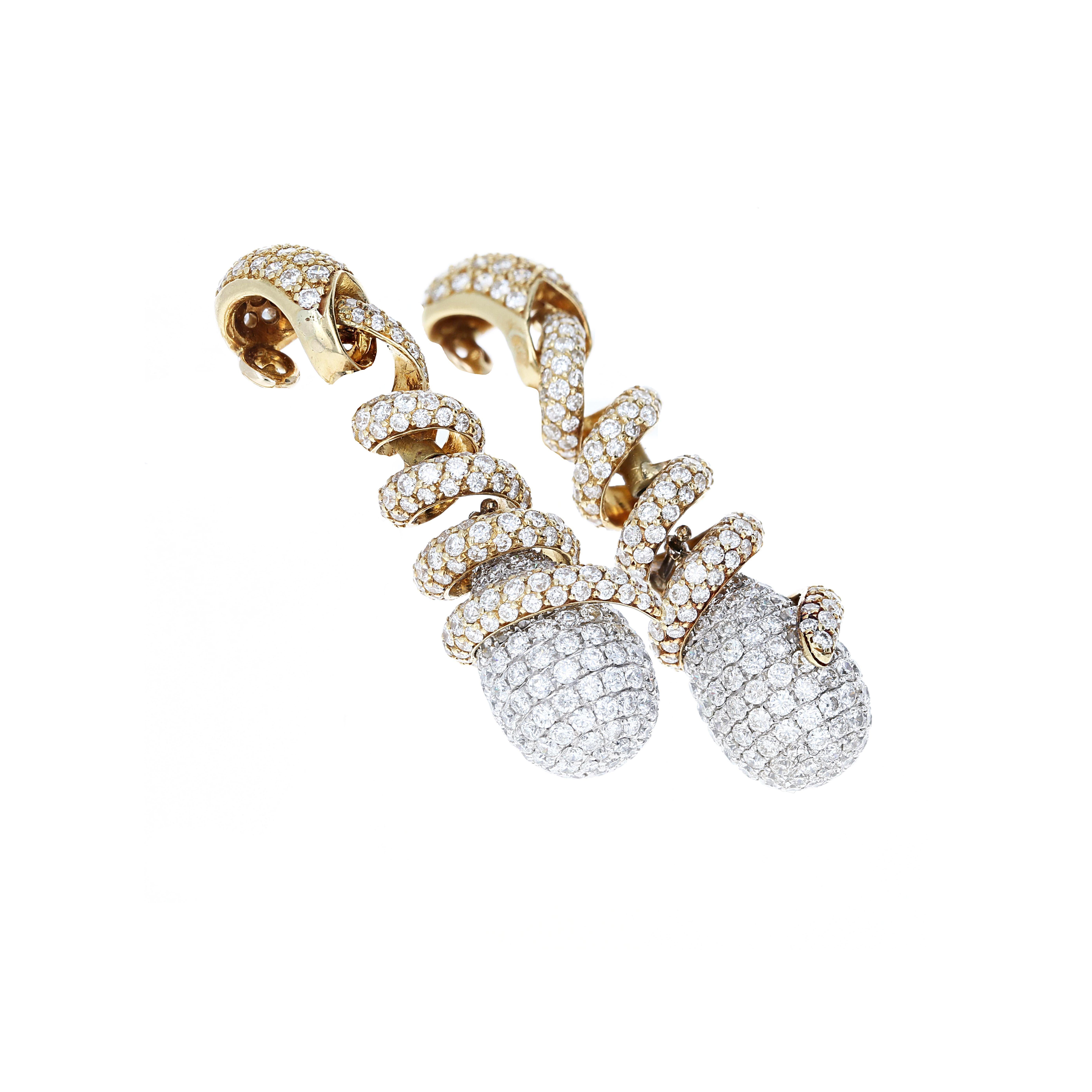 Modern Approximate 6.50 Carat Diamond 18 Karat Yellow and White Gold Drop Earrings