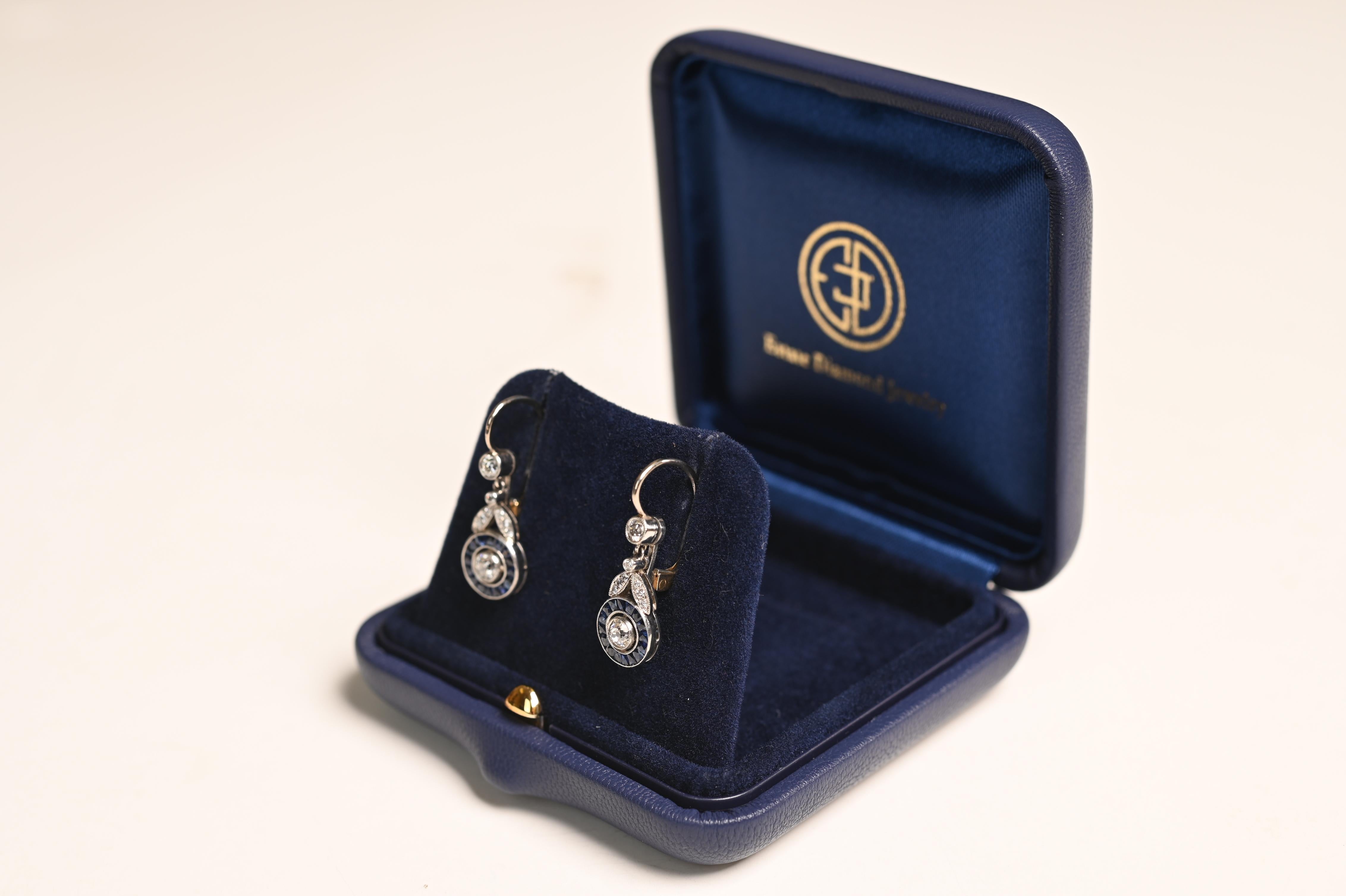 Art Deco Approximately 0.15ct Old European Cut Diamonds and Sapphire Cluster Earrings