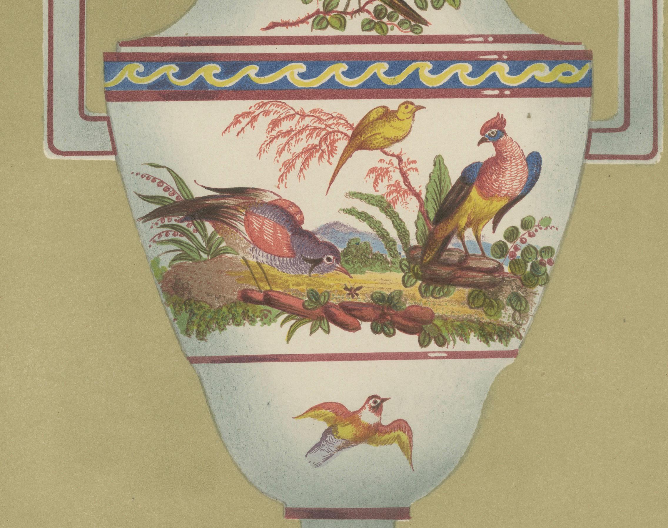Aprey Aviary: Ceramic Vase Chromolithograph - Plate 54, 1874 In Good Condition For Sale In Langweer, NL