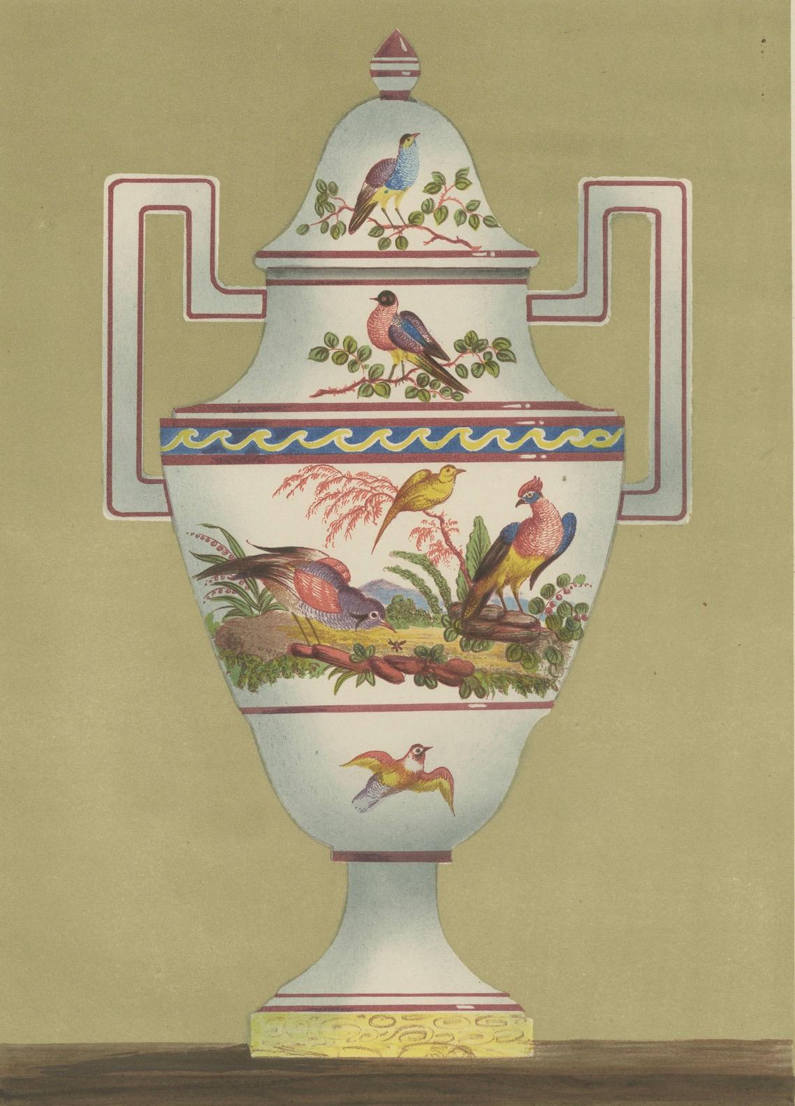 Paper Aprey Aviary: Ceramic Vase Chromolithograph - Plate 54, 1874 For Sale