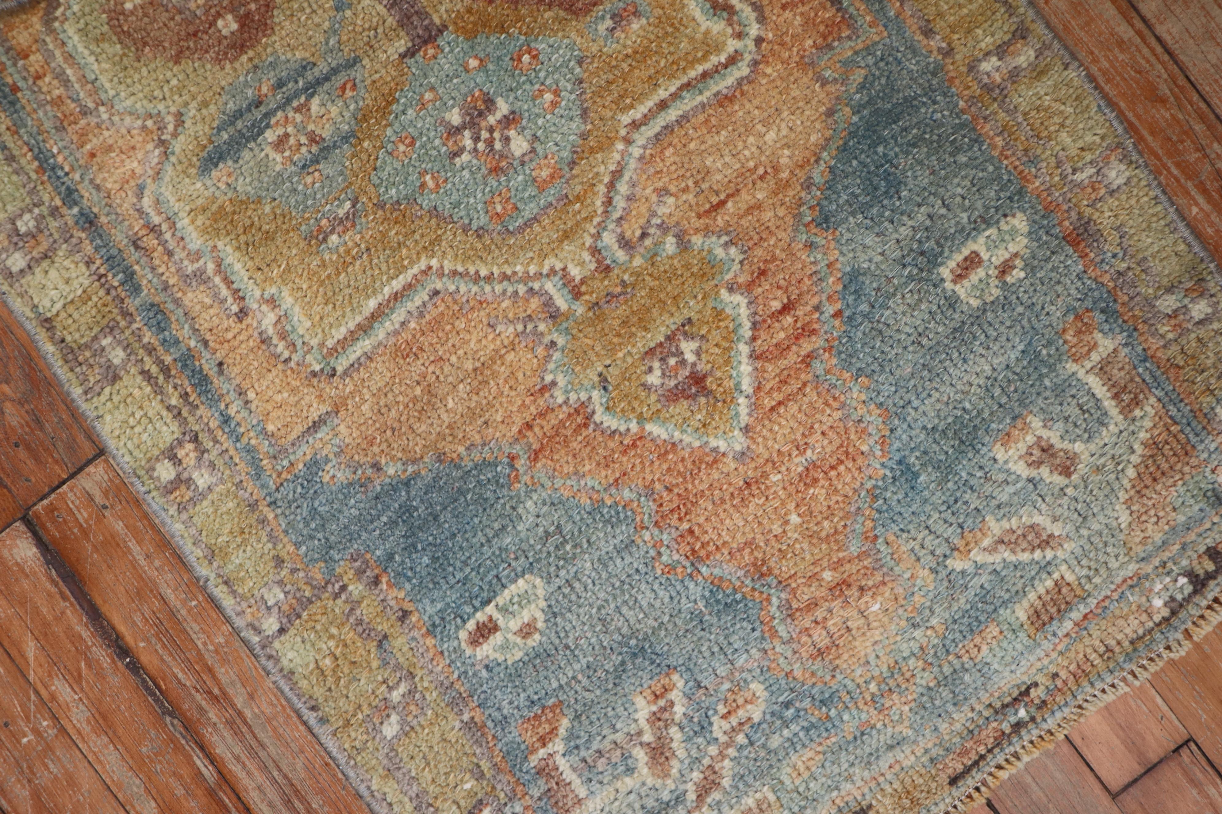 Apricot Blue Vintage Turkish Oushak Mat Rug In Good Condition In New York, NY