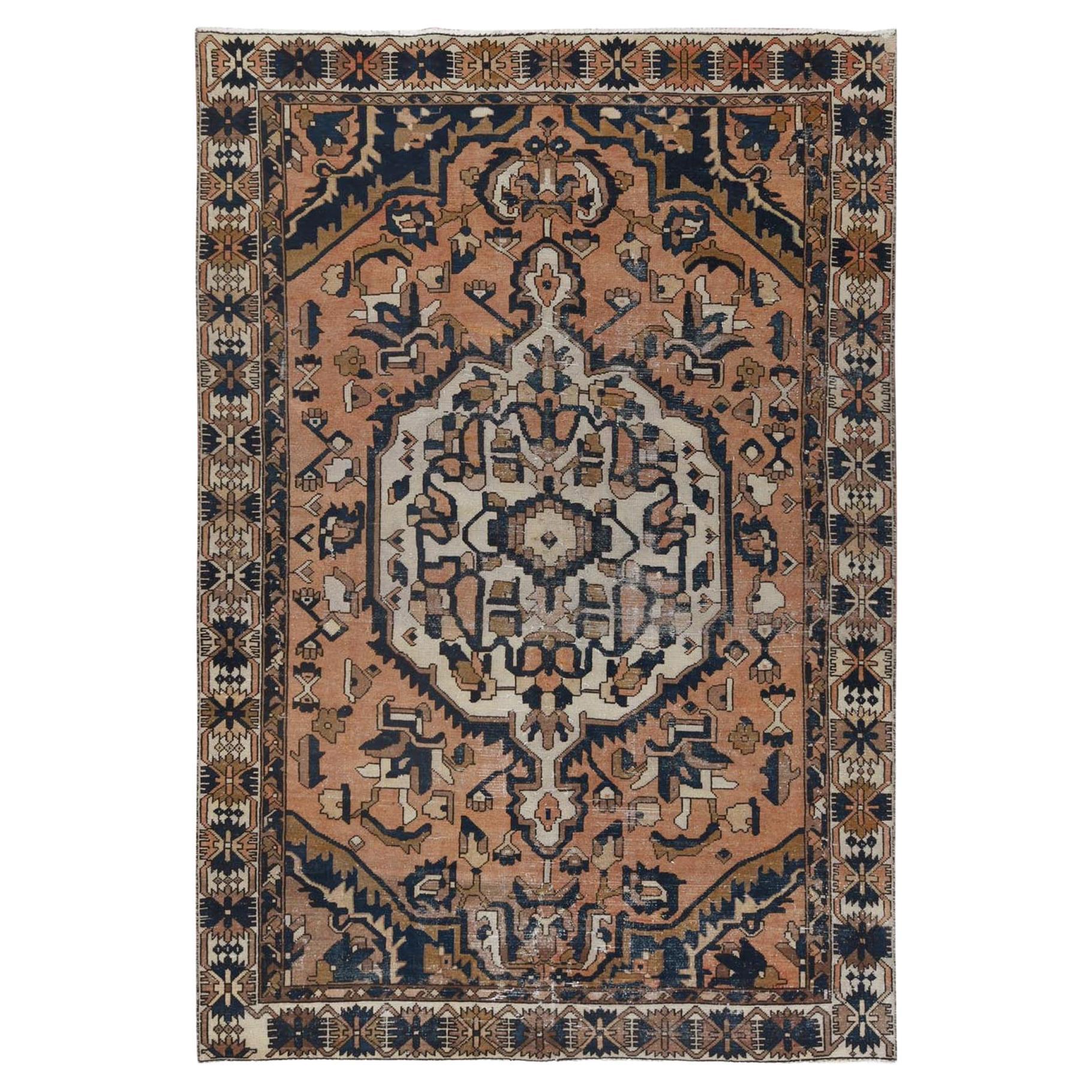 Apricot Color, Hand Knotted Vintage Northwest Persian, Worn Wool Distressed Rug
