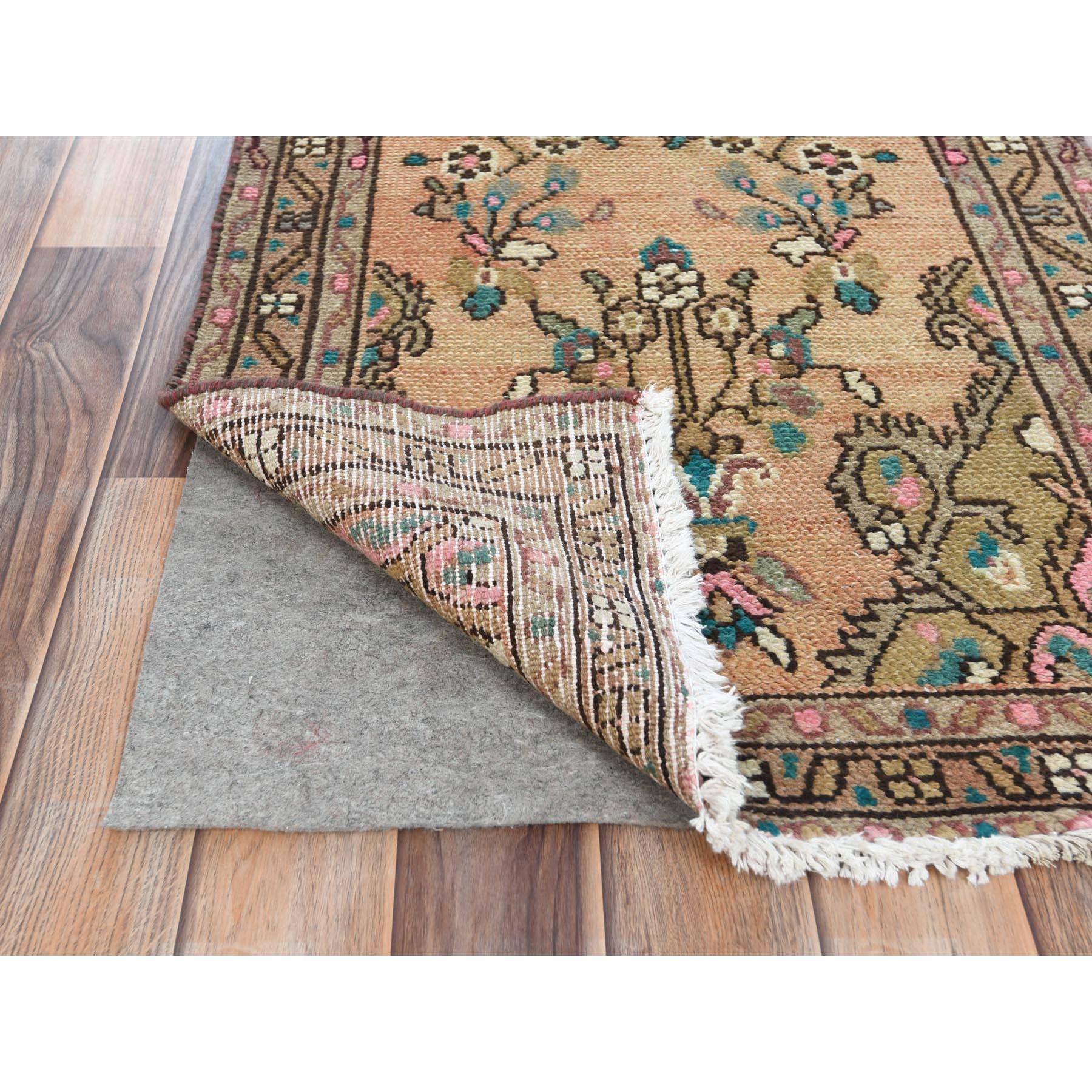 Medieval Apricot Color Shades Vintage Persian Bibikabad Hand Knotted Worn Wool Rug For Sale