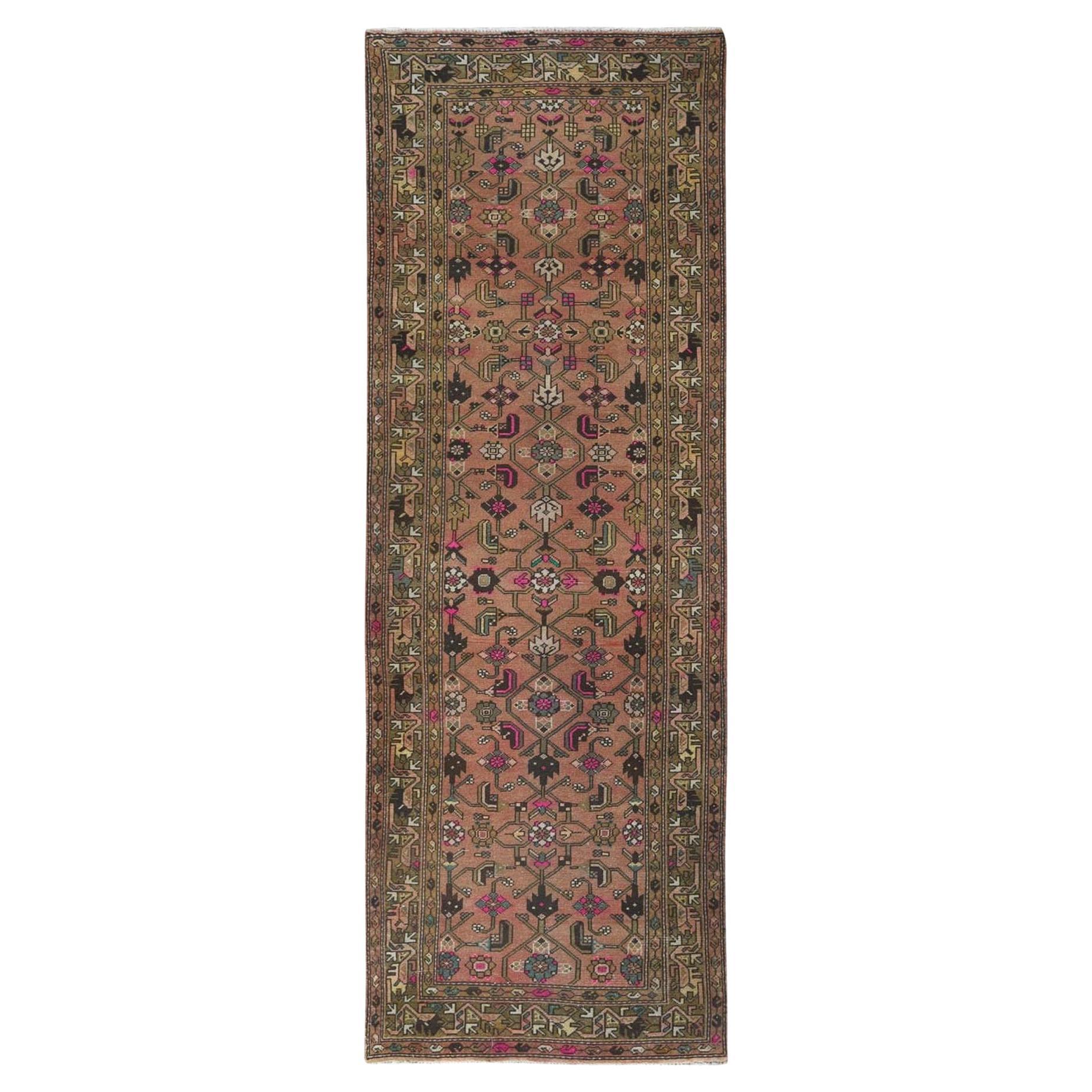 Apricot Color, Touches of Hot Pink Vintage Persian Hamadan Wool Hand Knotted Rug