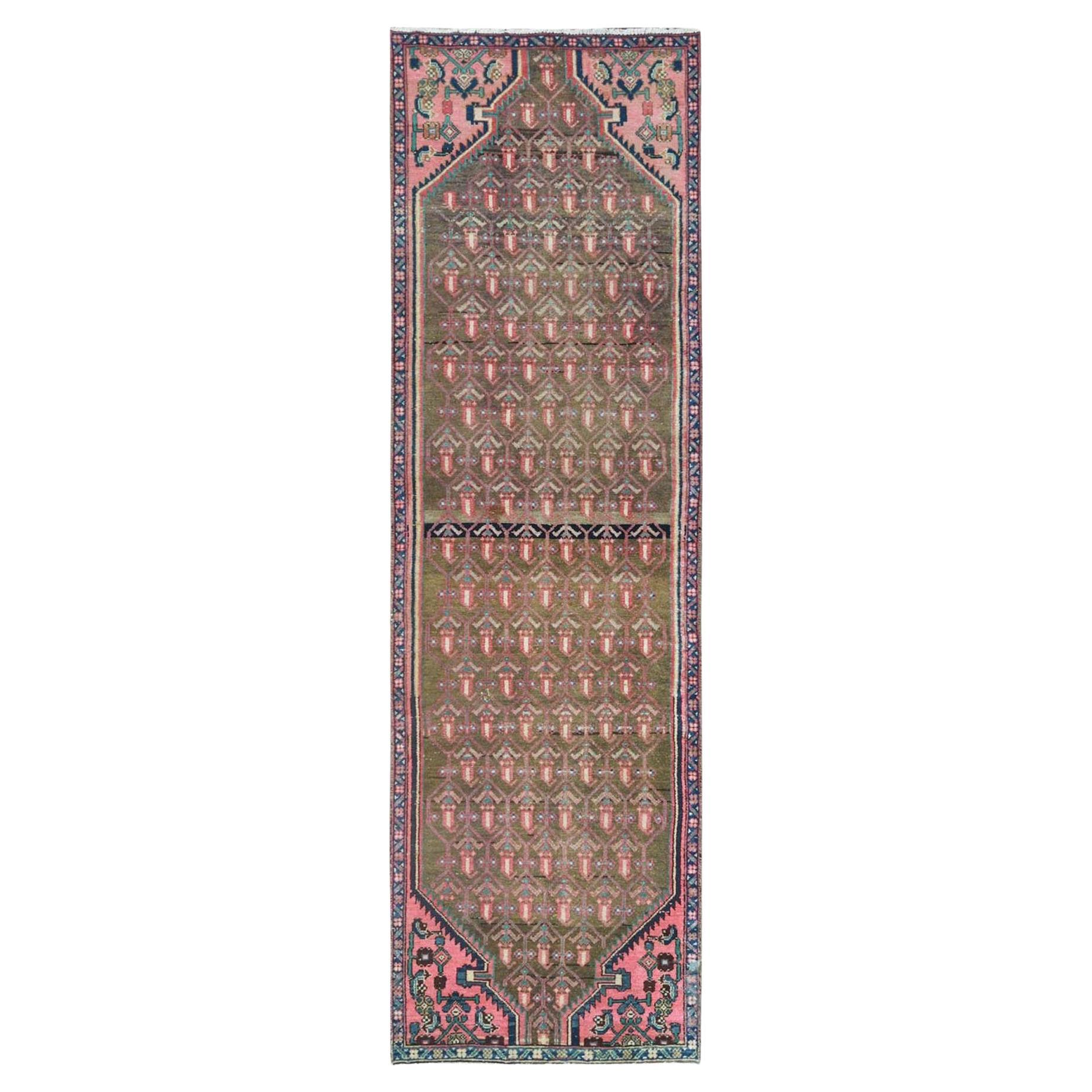 Apricot Color Vintage Persian Hamadan Worn Wool Distressed Look Hand Knotted Rug For Sale
