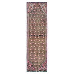Apricot Color Retro Persian Hamadan Worn Wool Distressed Look Hand Knotted Rug