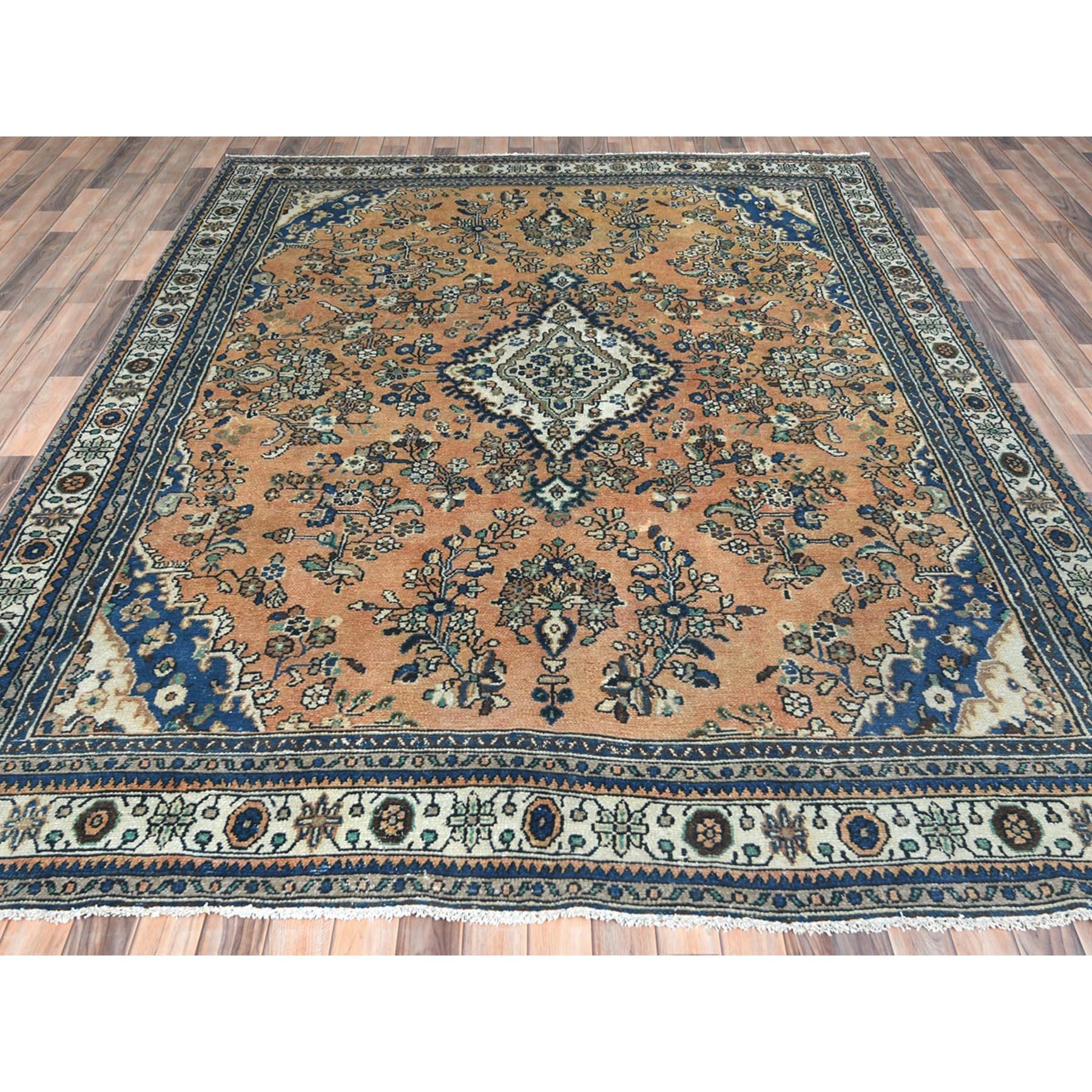 Medieval Apricot Color, Worn Wool Hand Knotted, Vintage Persian Bibikabad, Distressed Rug For Sale
