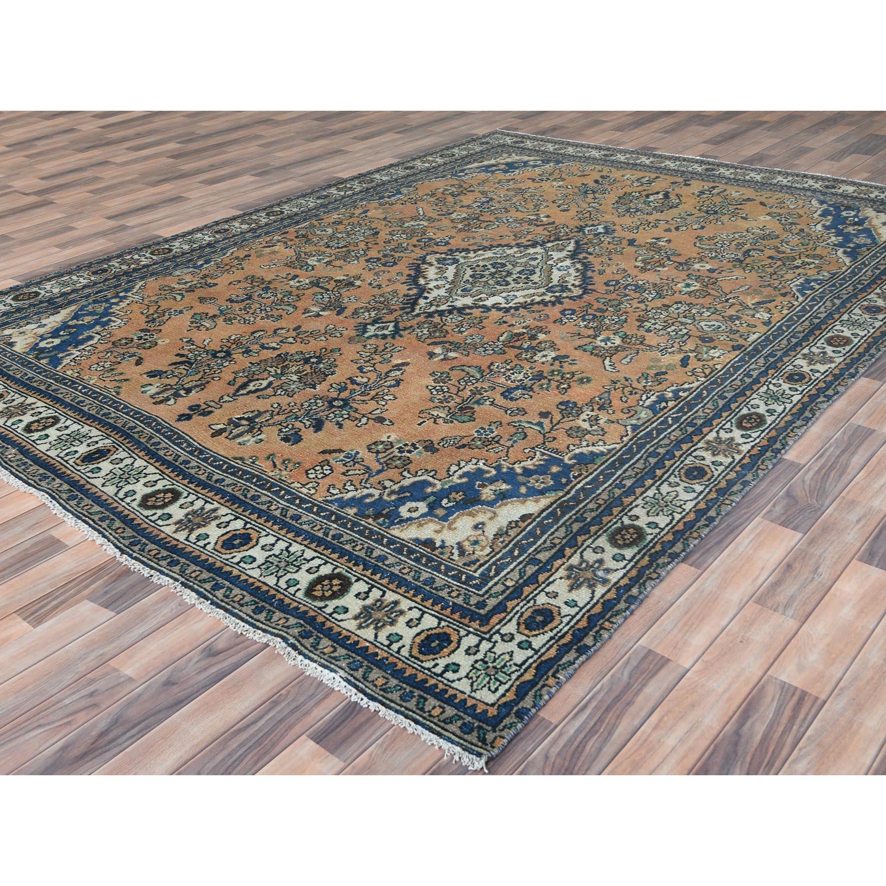 Hand-Knotted Apricot Color, Worn Wool Hand Knotted, Vintage Persian Bibikabad, Distressed Rug For Sale