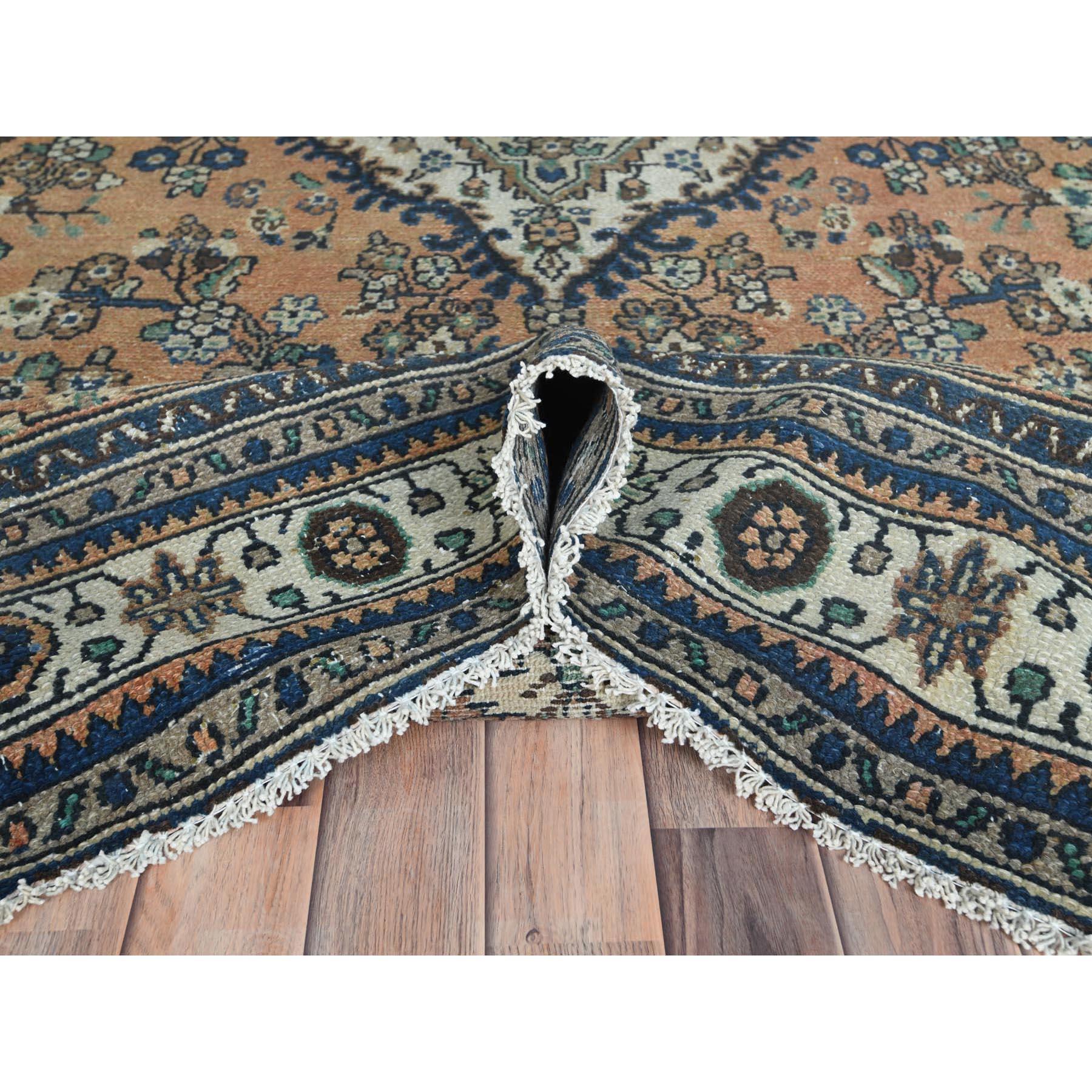 Mid-20th Century Apricot Color, Worn Wool Hand Knotted, Vintage Persian Bibikabad, Distressed Rug For Sale
