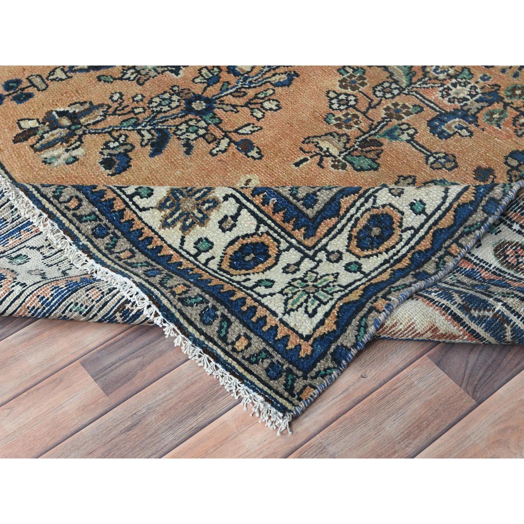 Apricot Color, Worn Wool Hand Knotted, Vintage Persian Bibikabad, Distressed Rug For Sale 1