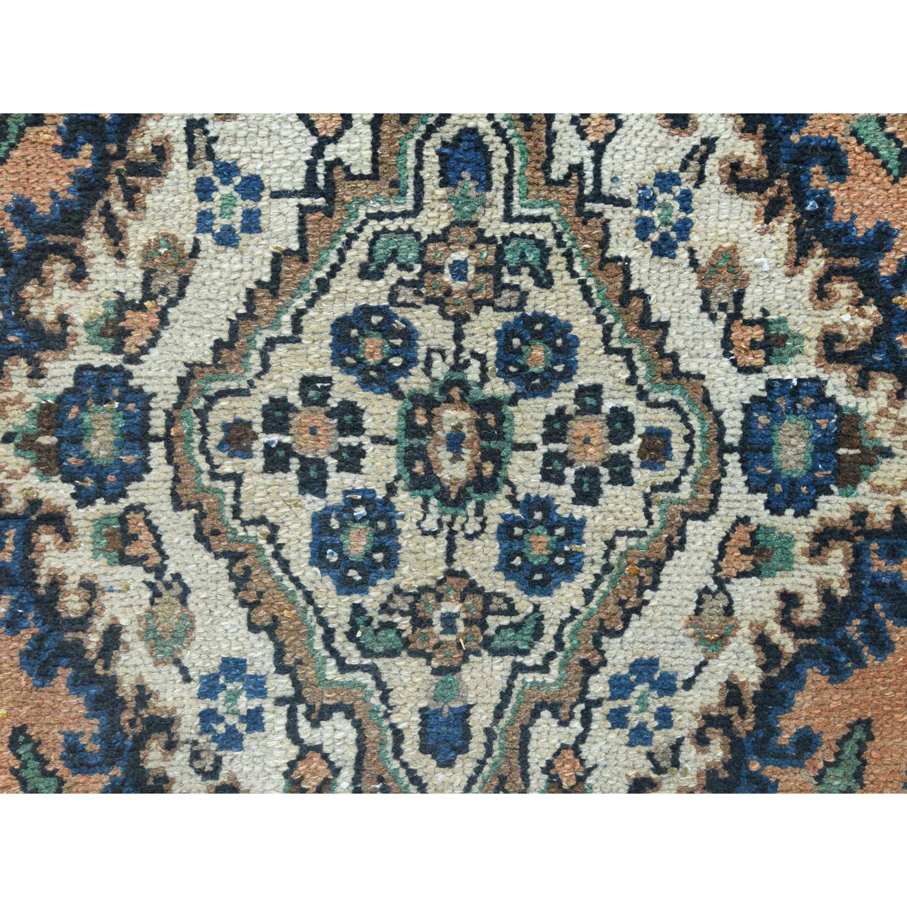Apricot Color, Worn Wool Hand Knotted, Vintage Persian Bibikabad, Distressed Rug For Sale 3