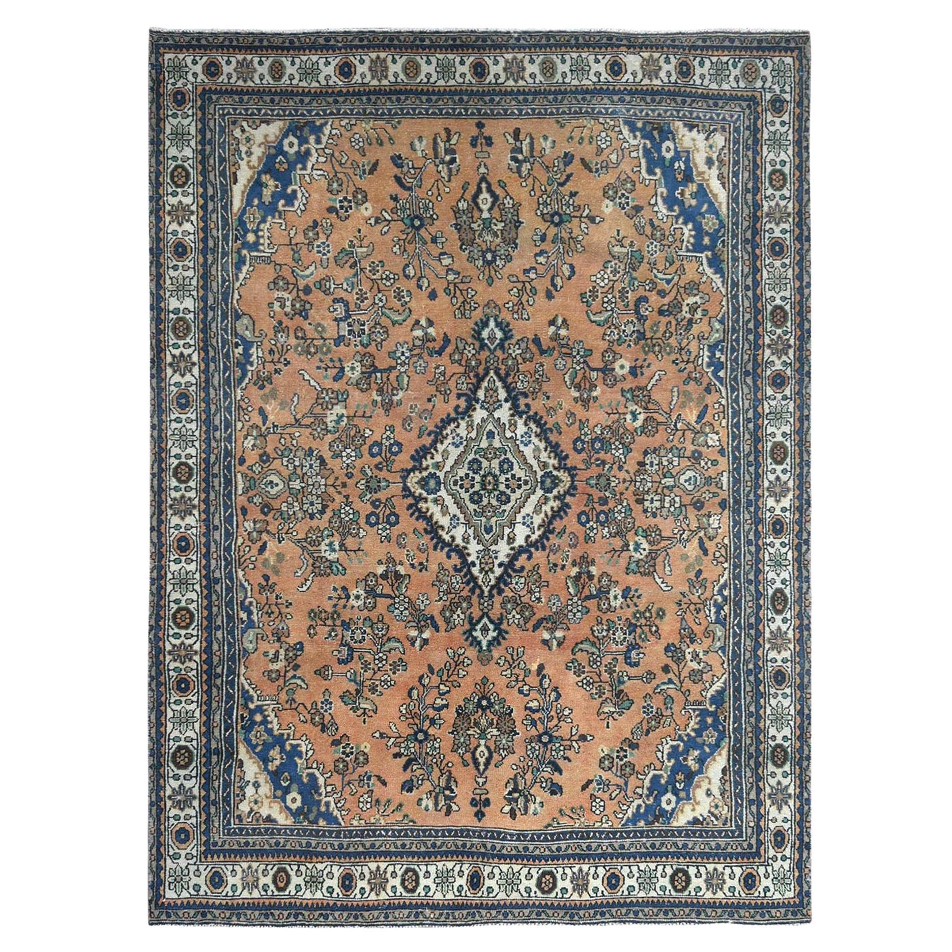 Apricot Color, Worn Wool Hand Knotted, Vintage Persian Bibikabad, Distressed Rug For Sale