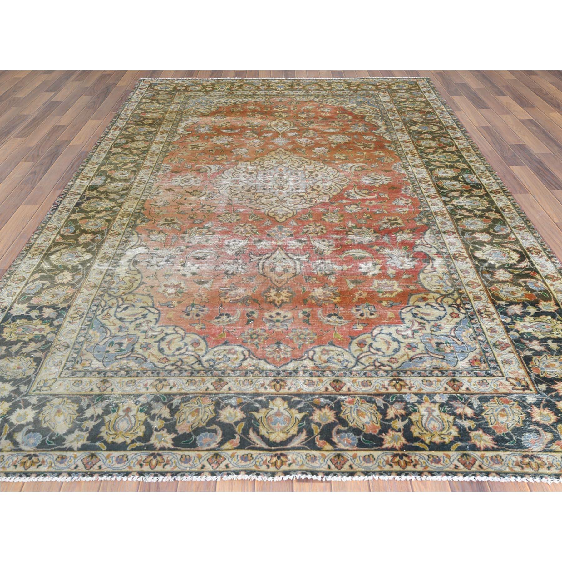 Hand-Knotted Apricot Color, Worn Wool Hand Knotted Vintage Persian Kashan Distressed Look Rug For Sale
